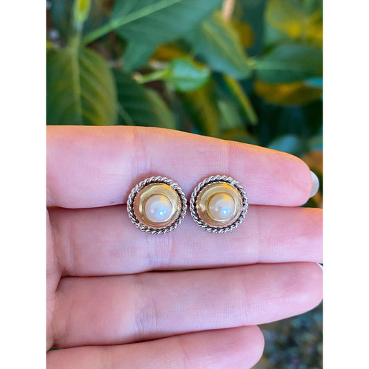 Vintage Solid 14k Yellow Gold & Sterling Silver Pearl Stud Earrings