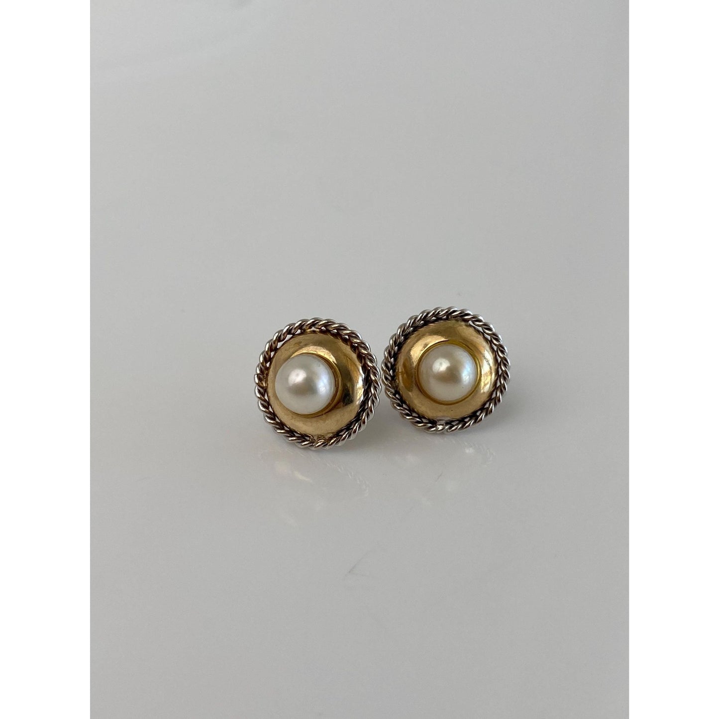 Vintage Solid 14k Yellow Gold & Sterling Silver Pearl Stud Earrings