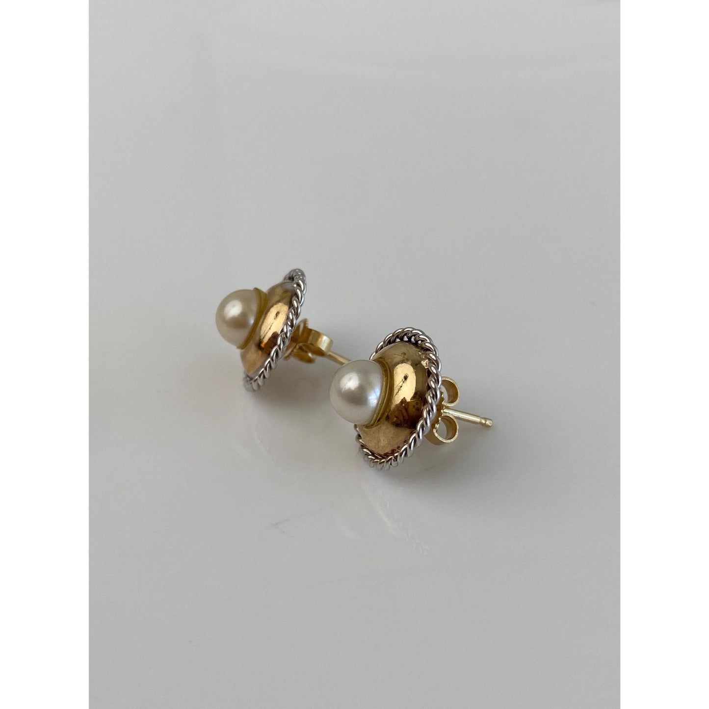 Vintage Solid 14k Yellow Gold & Sterling Silver Pearl Stud Earrings