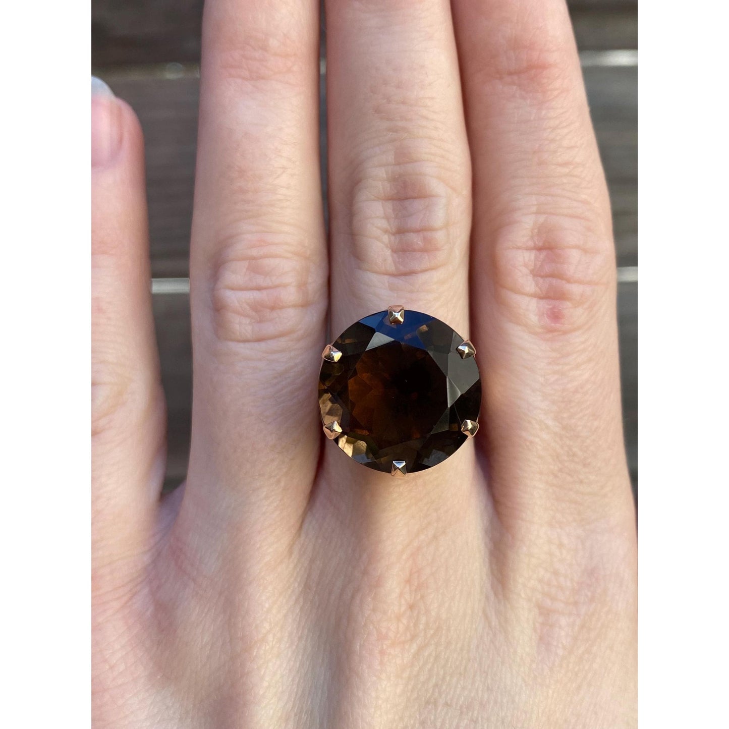 Vintage Solid 14k Rosey Gold Smokey Quartz Cocktail Ring - Size 7.5