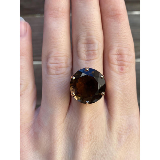 Vintage Solid 14k Rosey Gold Smokey Quartz Cocktail Ring - Size 7.5