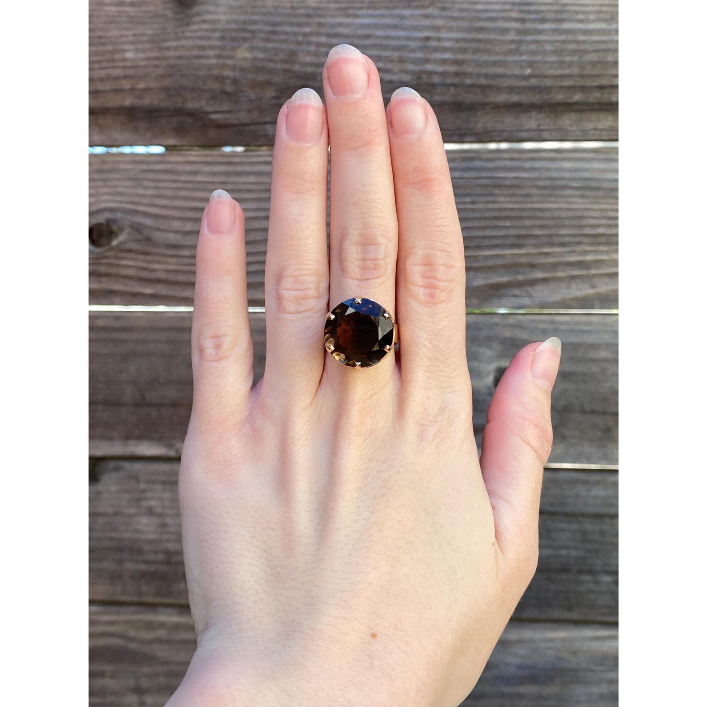 Vintage Solid 14k Rosey Gold Smokey Quartz Cocktail Ring - Size 7.5