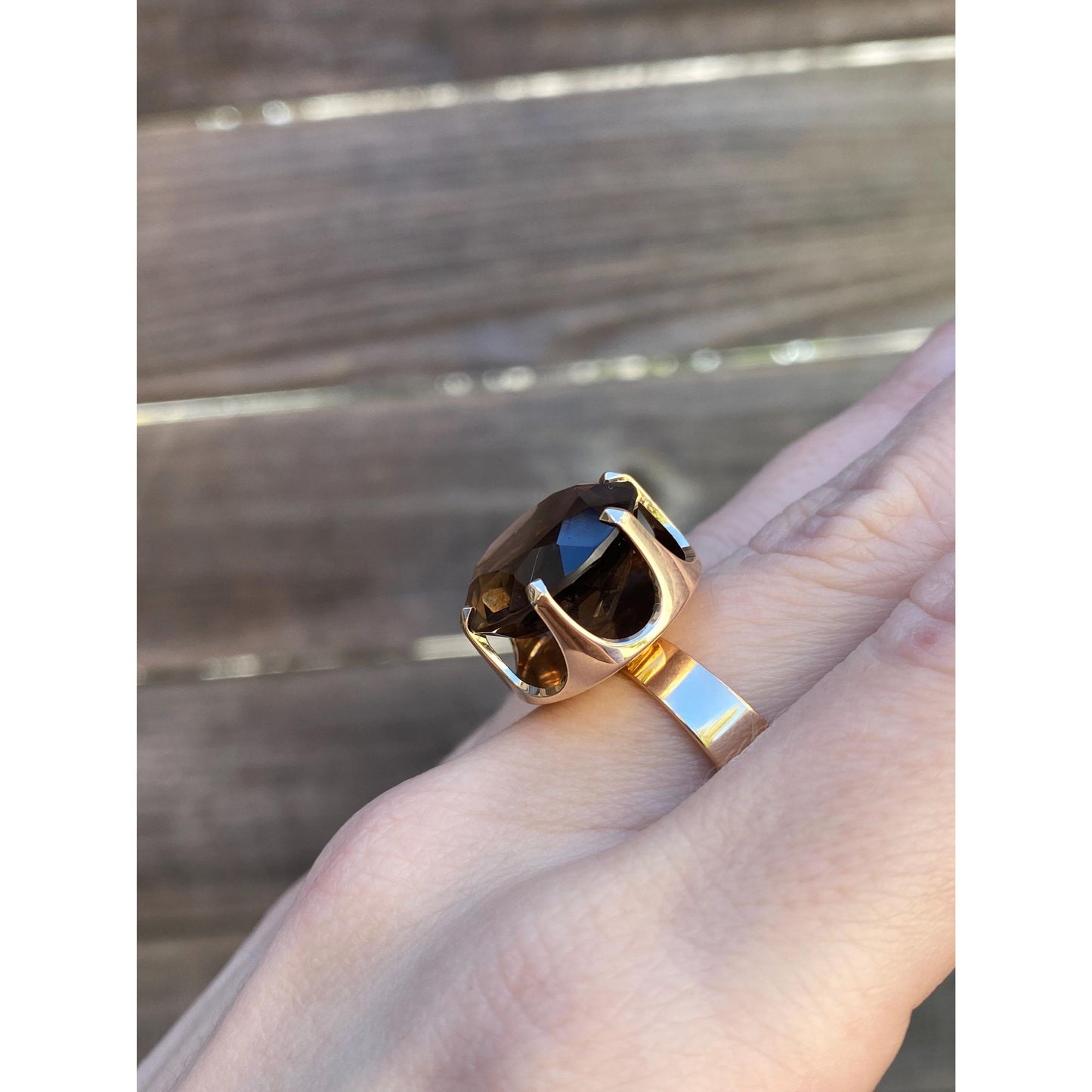 Vintage Solid 14k Rosey Gold Smokey Quartz Cocktail Ring - Size 7.5