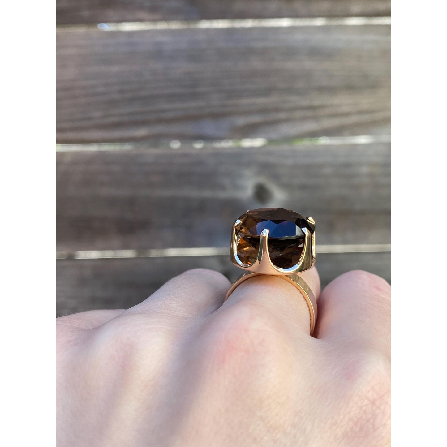 Vintage Solid 14k Rosey Gold Smokey Quartz Cocktail Ring - Size 7.5