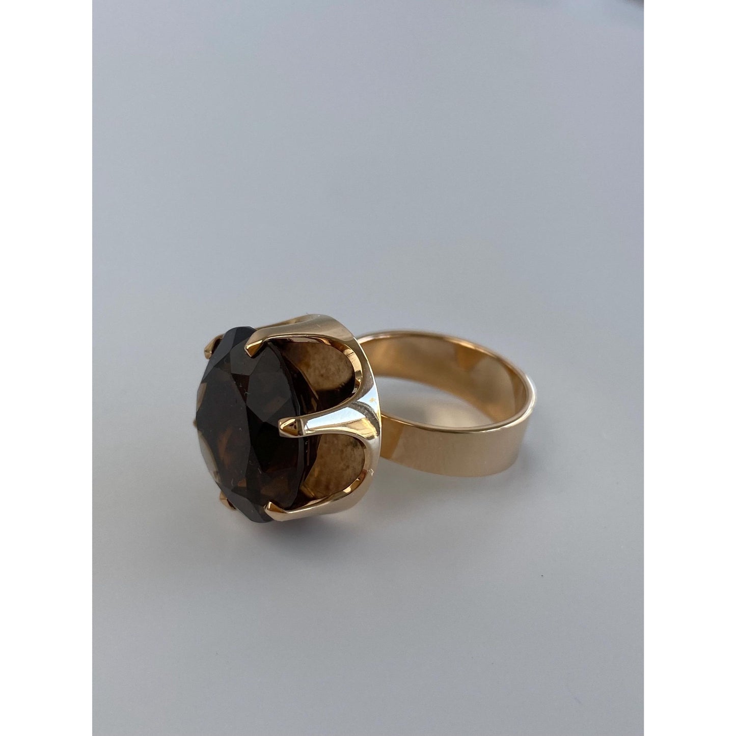 Vintage Solid 14k Rosey Gold Smokey Quartz Cocktail Ring - Size 7.5
