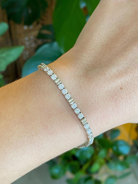 Solid 14k White & Yellow Gold Clear Cubic Zirconia Link Bracelet - 7 inches