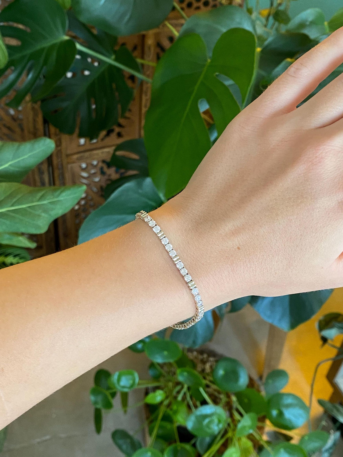 Solid 14k White & Yellow Gold Clear Cubic Zirconia Link Bracelet - 7 inches