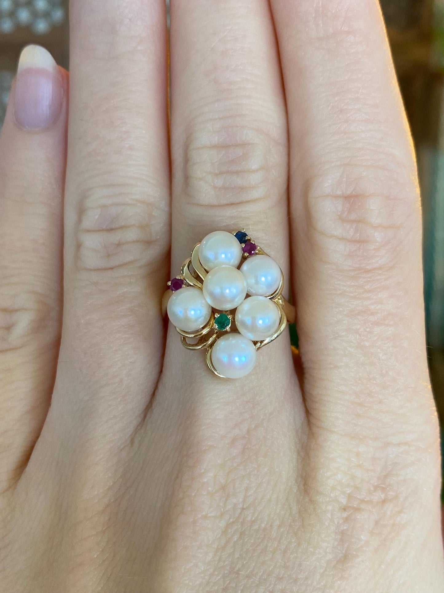 Vintage Solid 14k Yellow Gold Pearl Ruby Emerald Sapphire Ring - Size 6.75