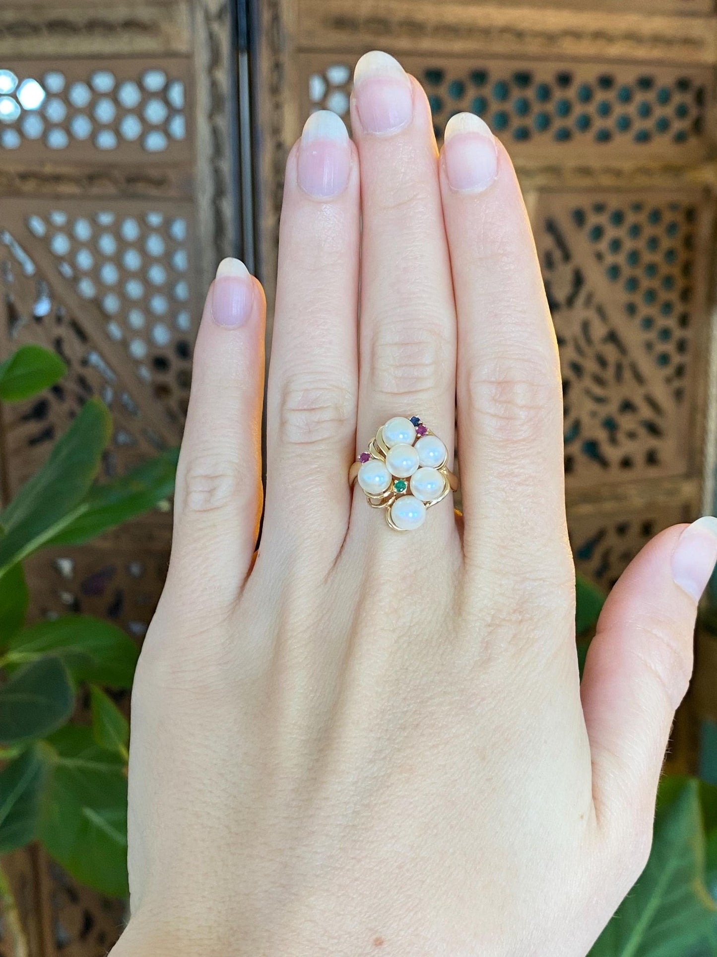 Vintage Solid 14k Yellow Gold Pearl Ruby Emerald Sapphire Ring - Size 6.75