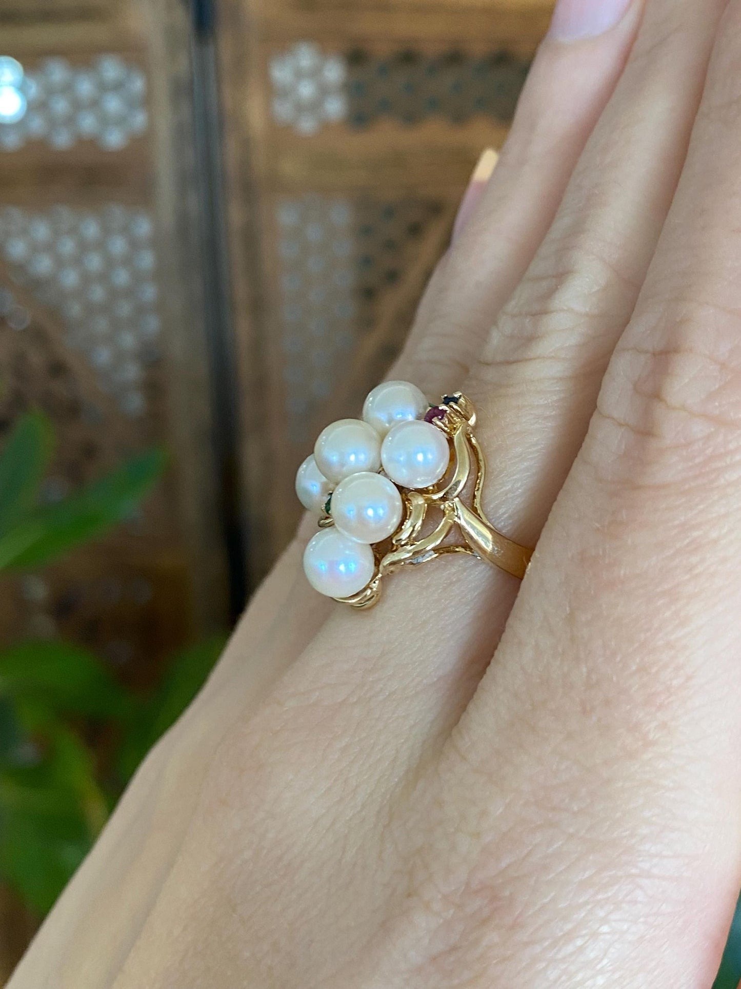 Vintage Solid 14k Yellow Gold Pearl Ruby Emerald Sapphire Ring - Size 6.75