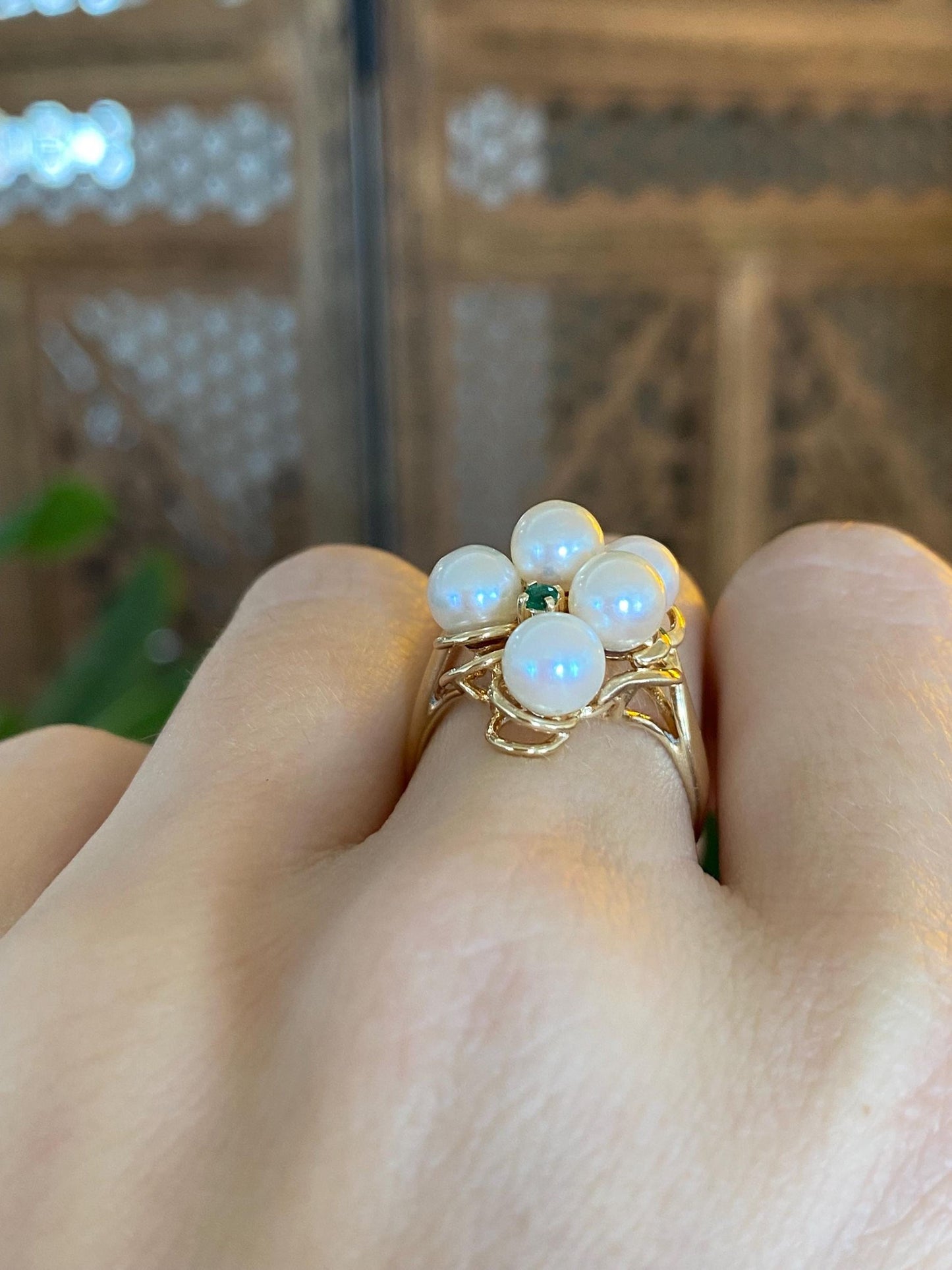 Vintage Solid 14k Yellow Gold Pearl Ruby Emerald Sapphire Ring - Size 6.75