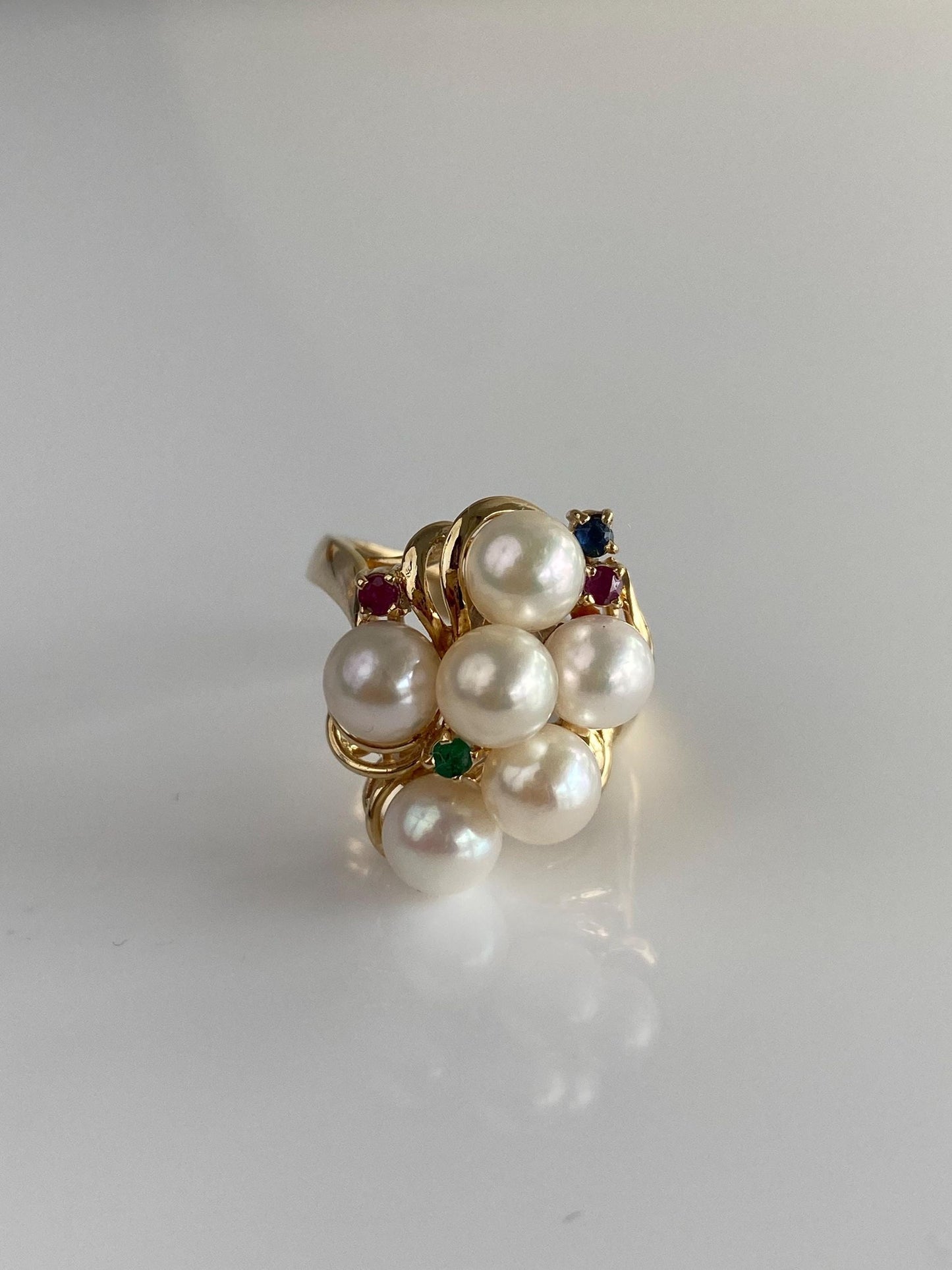 Vintage Solid 14k Yellow Gold Pearl Ruby Emerald Sapphire Ring - Size 6.75