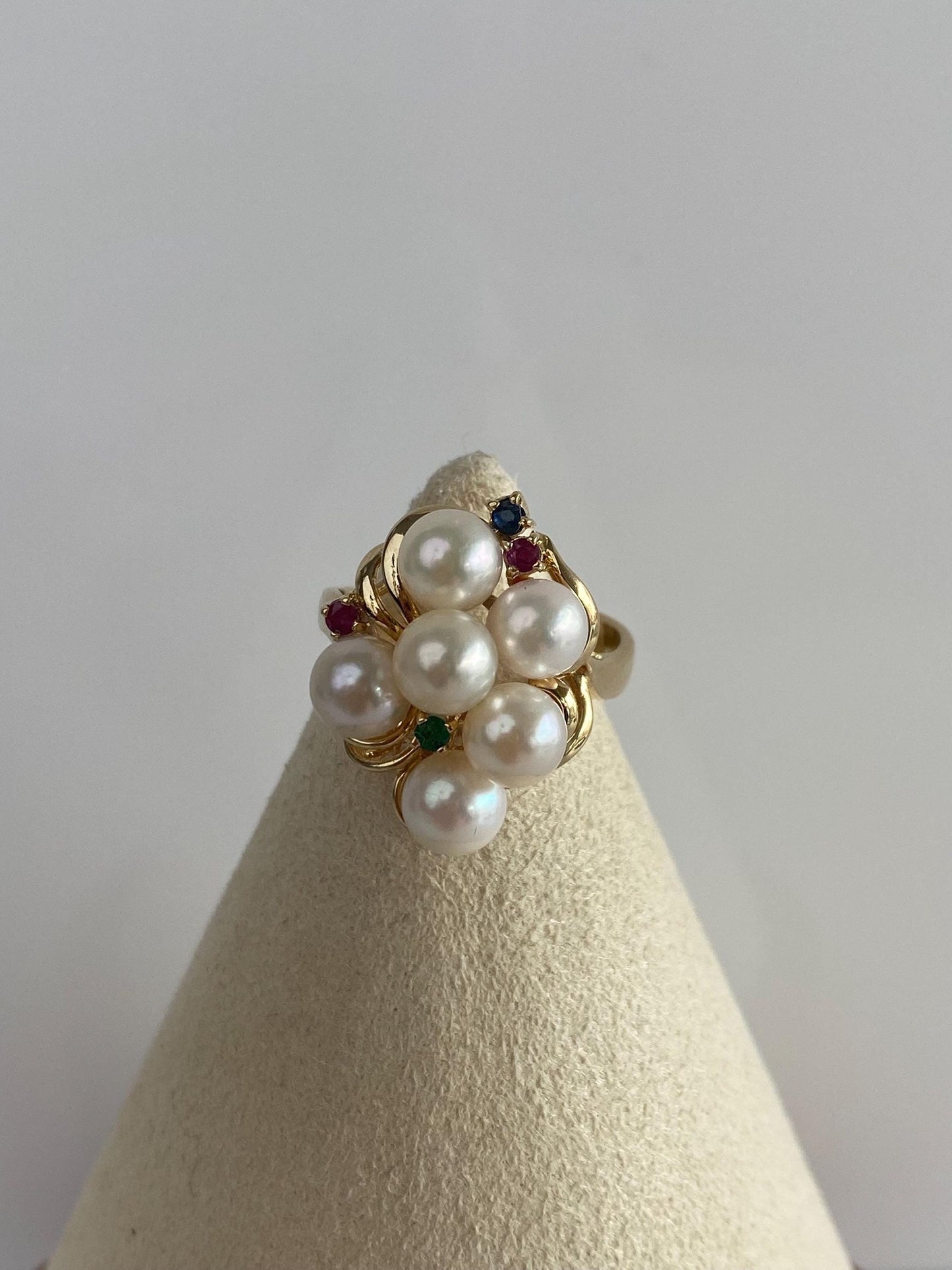 Vintage Solid 14k Yellow Gold Pearl Ruby Emerald Sapphire Ring - Size 6.75
