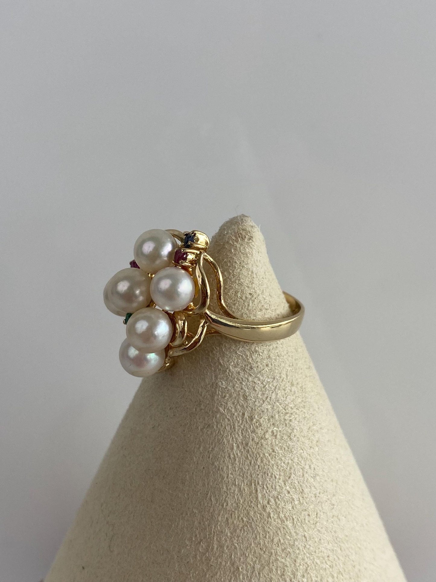 Vintage Solid 14k Yellow Gold Pearl Ruby Emerald Sapphire Ring - Size 6.75
