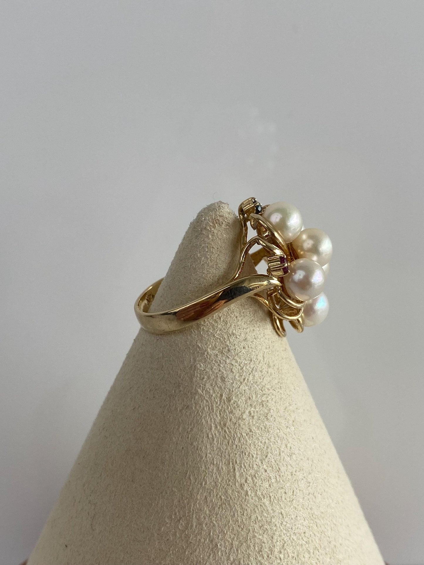 Vintage Solid 14k Yellow Gold Pearl Ruby Emerald Sapphire Ring - Size 6.75
