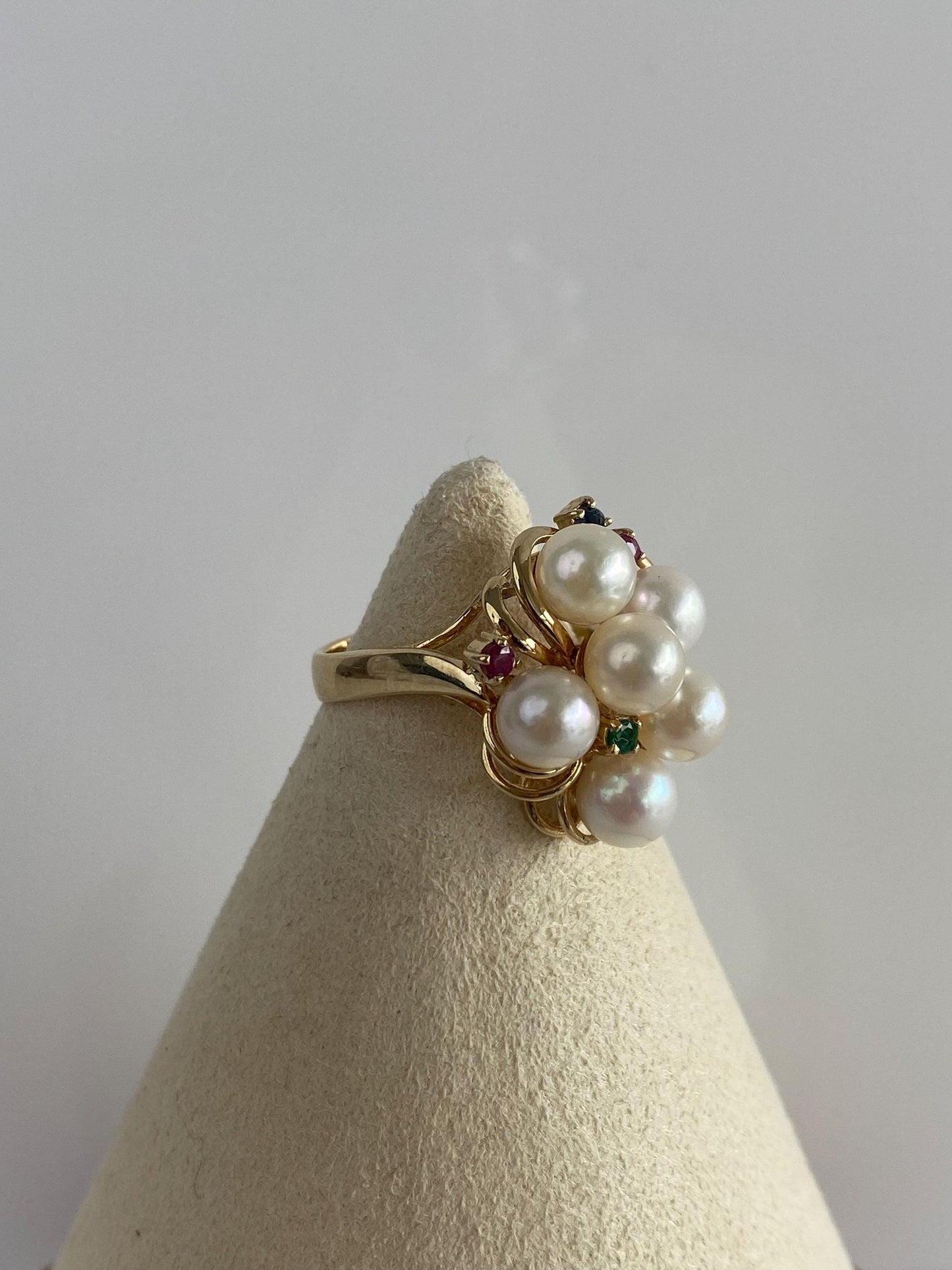 Vintage Solid 14k Yellow Gold Pearl Ruby Emerald Sapphire Ring - Size 6.75