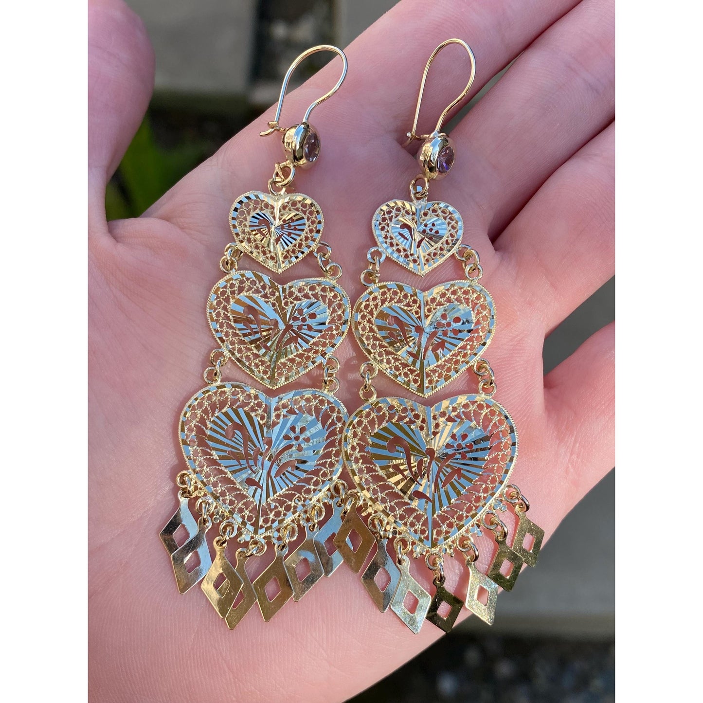 Vintage Solid 14k Yellow Gold Cubic Zirconia Filigree Heart Fringe Dangle Earrings