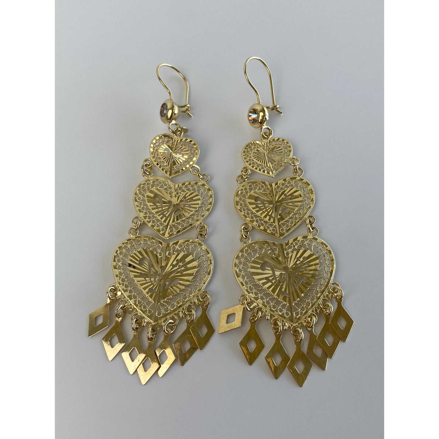 Vintage Solid 14k Yellow Gold Cubic Zirconia Filigree Heart Fringe Dangle Earrings
