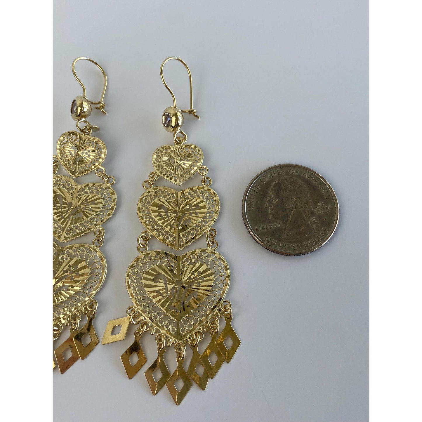 Vintage Solid 14k Yellow Gold Cubic Zirconia Filigree Heart Fringe Dangle Earrings