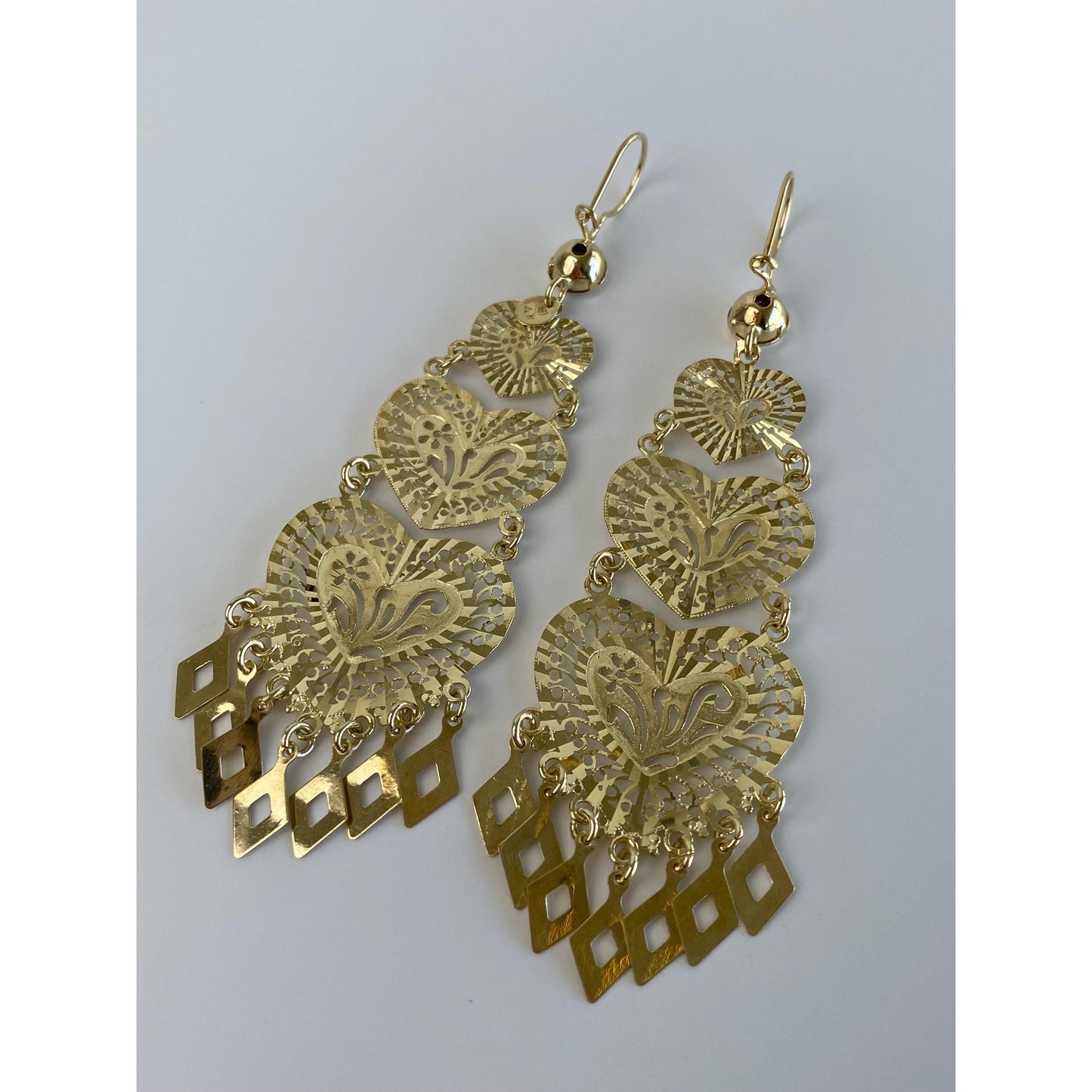 Vintage Solid 14k Yellow Gold Cubic Zirconia Filigree Heart Fringe Dangle Earrings