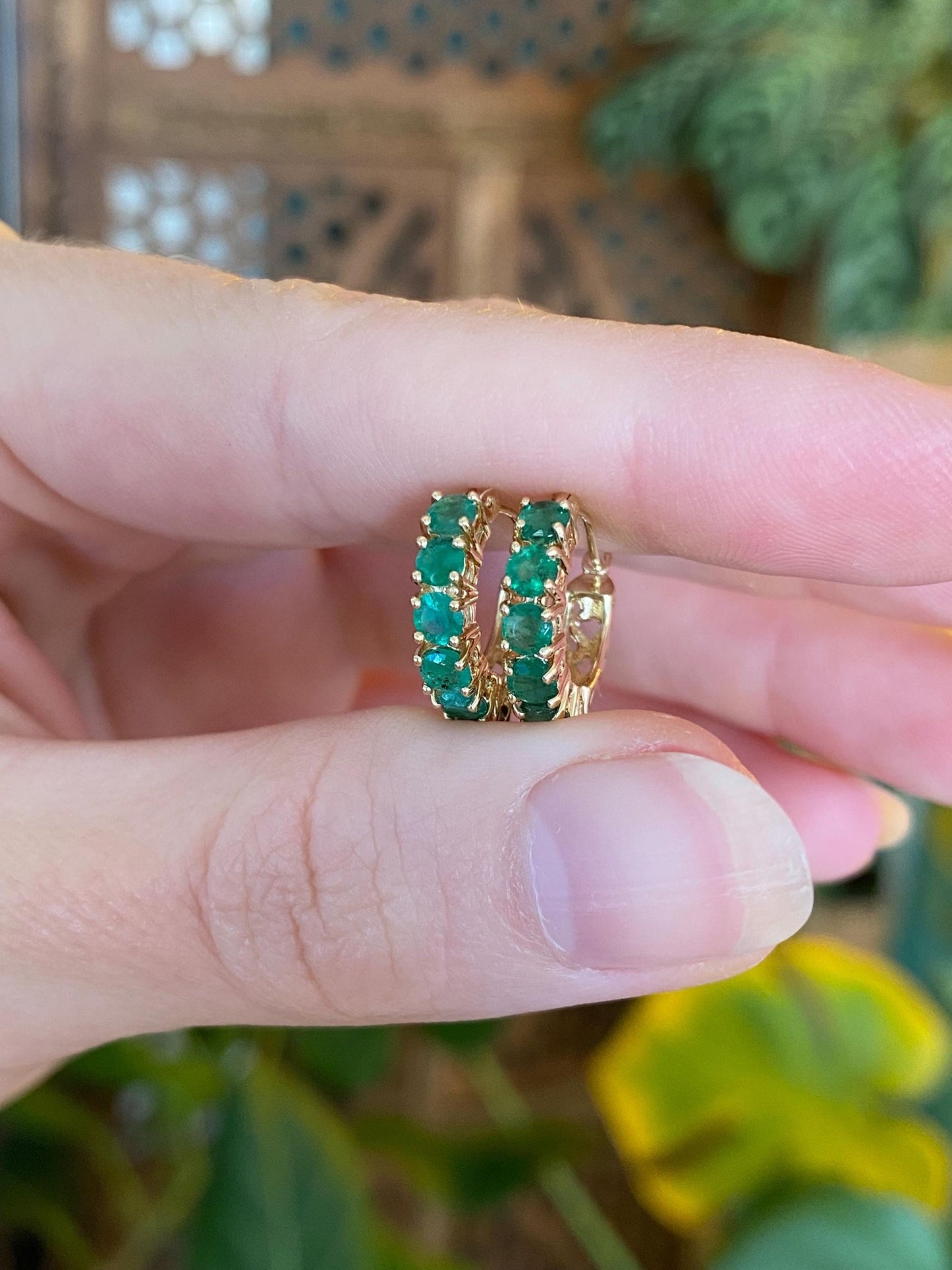 Vintage Solid 14k Yellow Gold Emerald Hoop Earrings