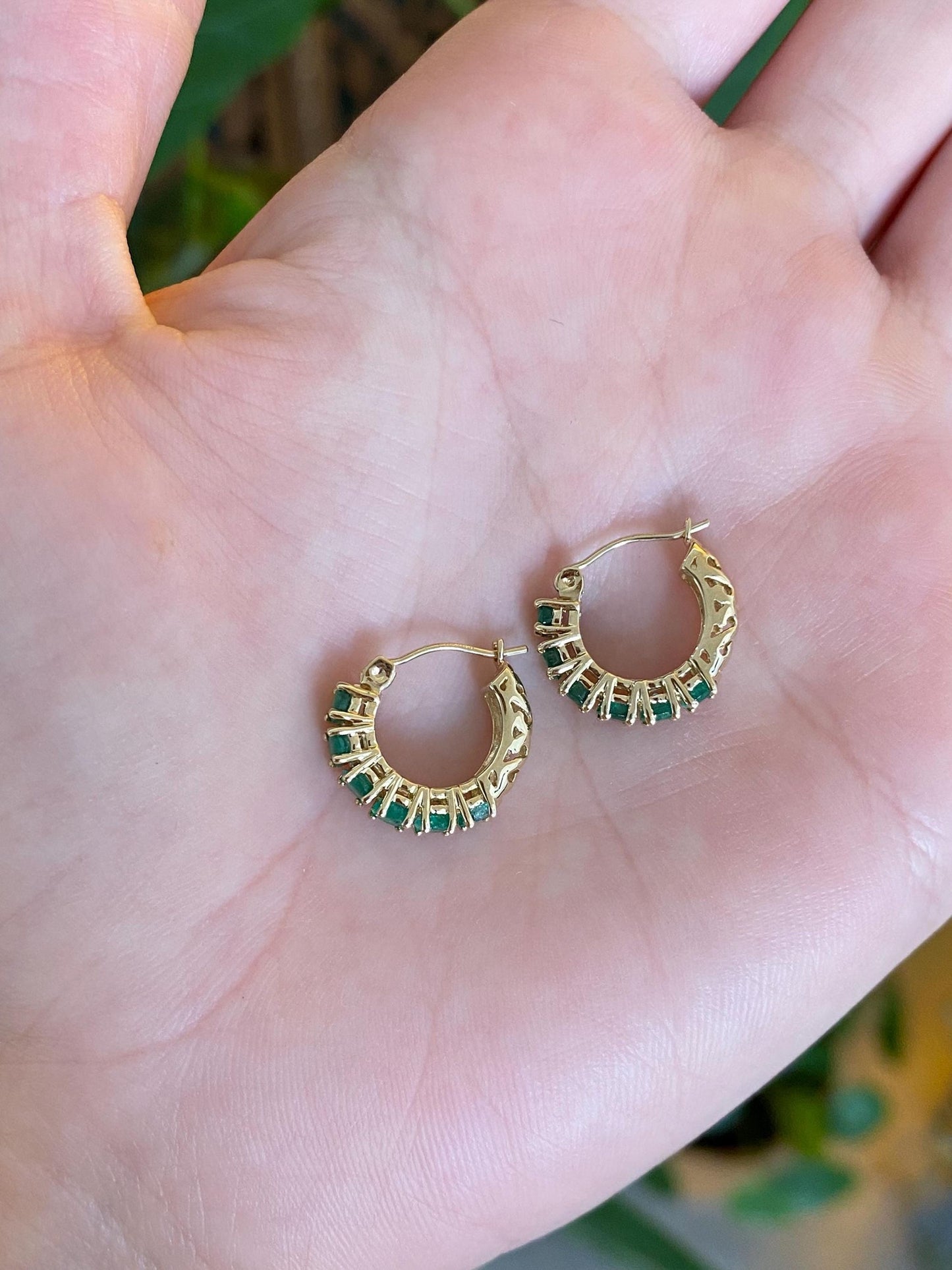 Vintage Solid 14k Yellow Gold Emerald Hoop Earrings