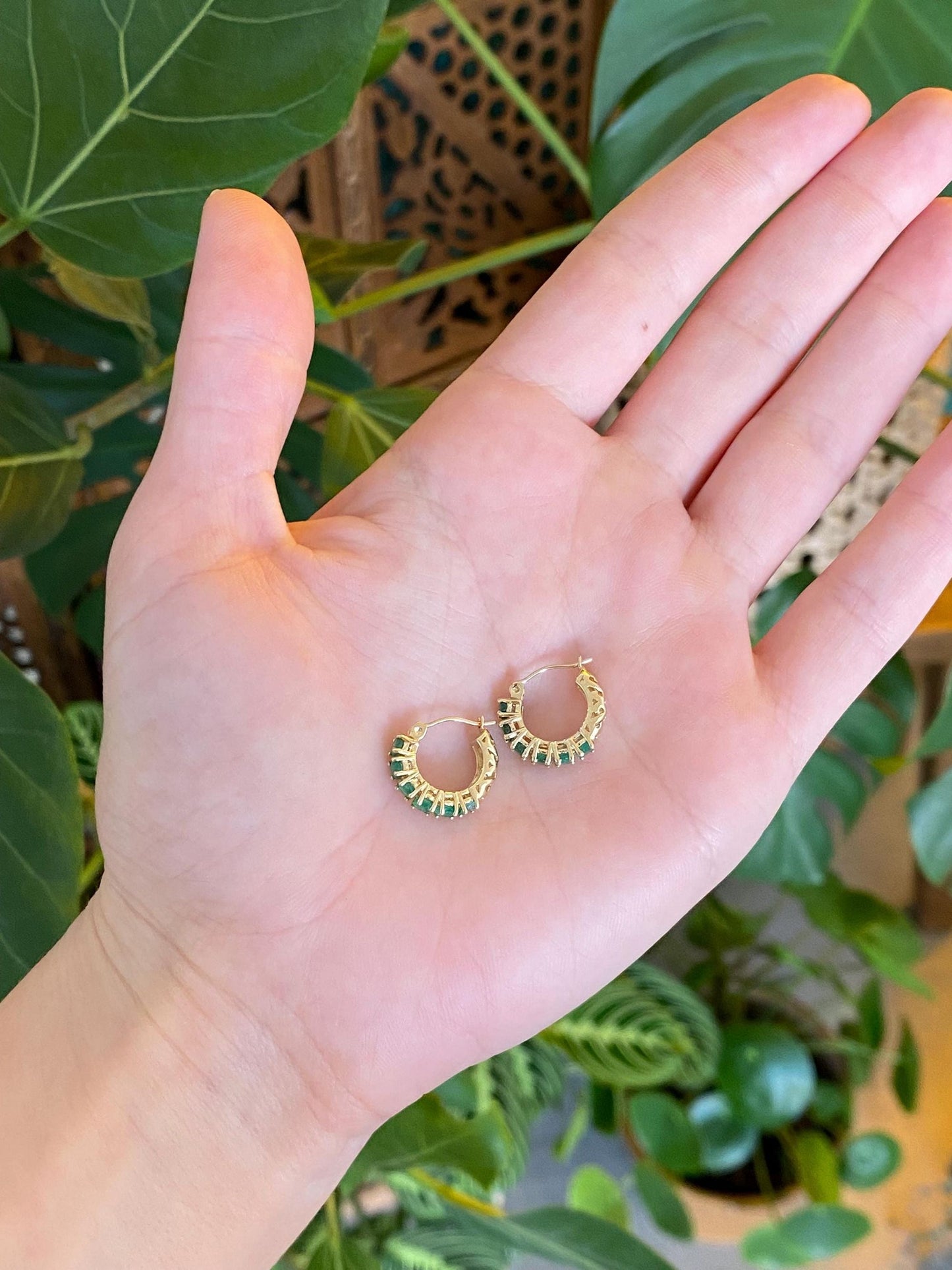 Vintage Solid 14k Yellow Gold Emerald Hoop Earrings