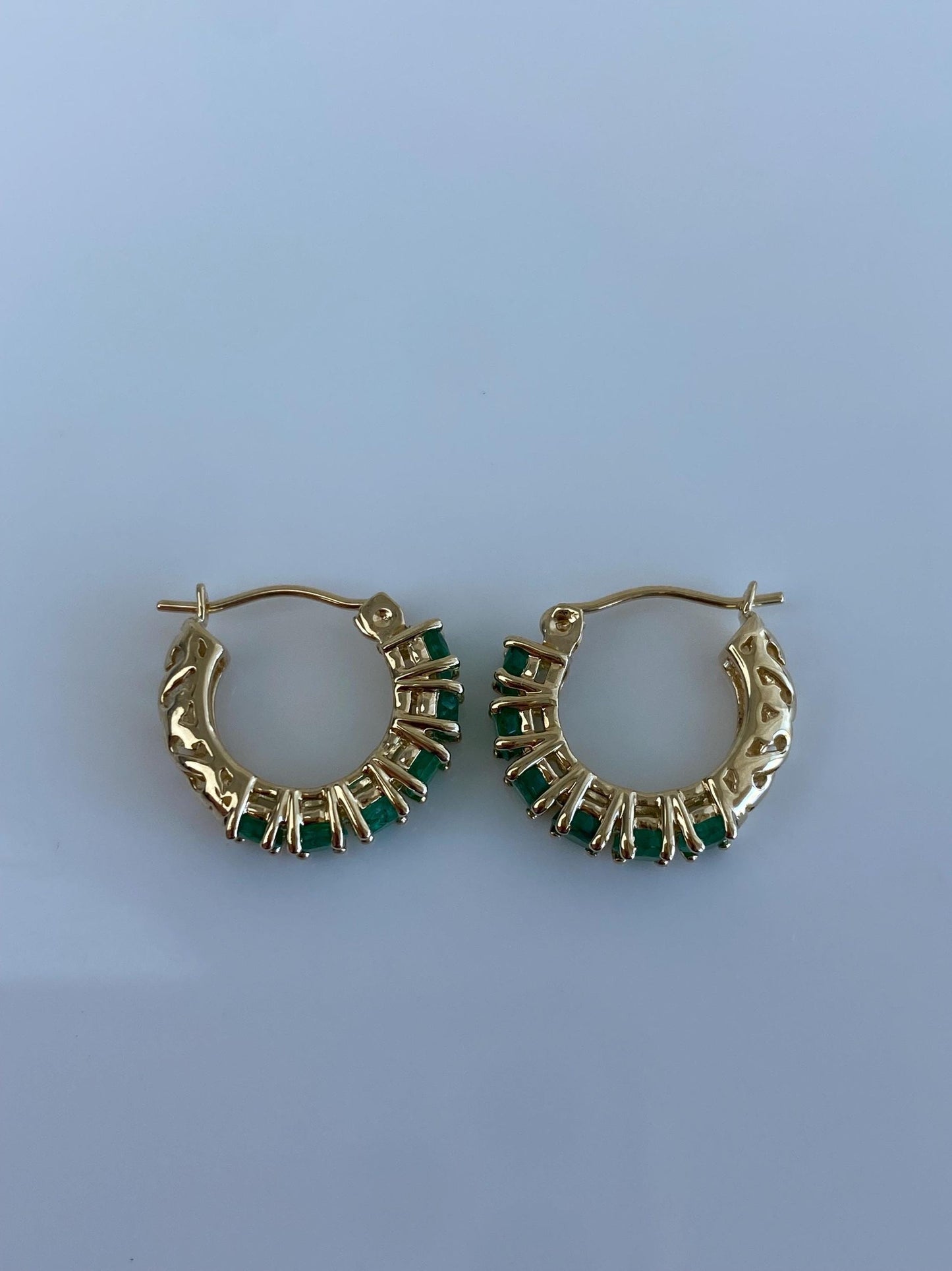 Vintage Solid 14k Yellow Gold Emerald Hoop Earrings