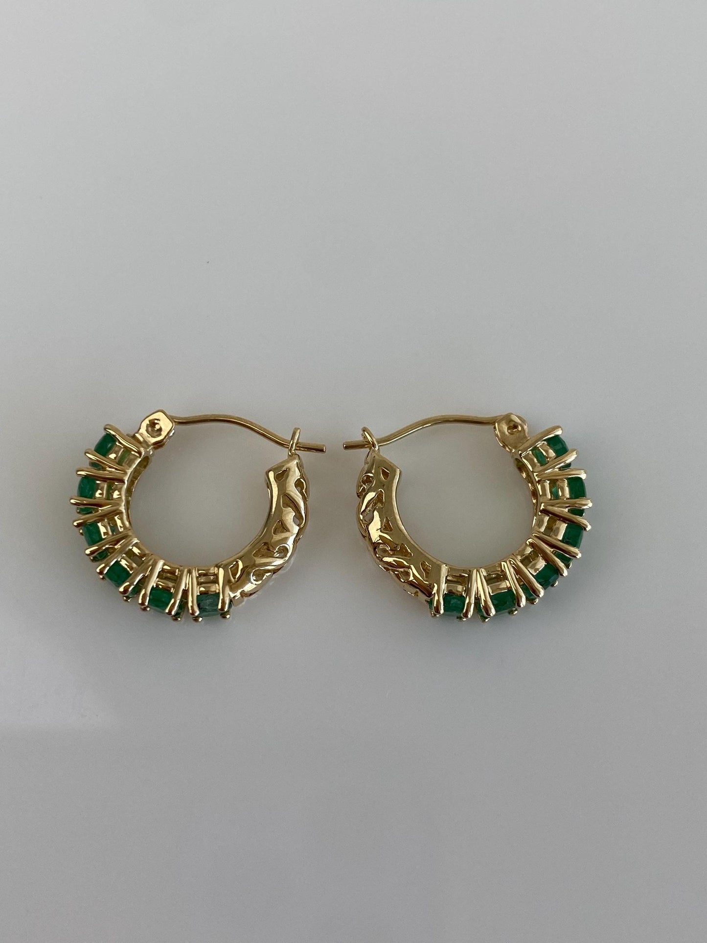 Vintage Solid 14k Yellow Gold Emerald Hoop Earrings