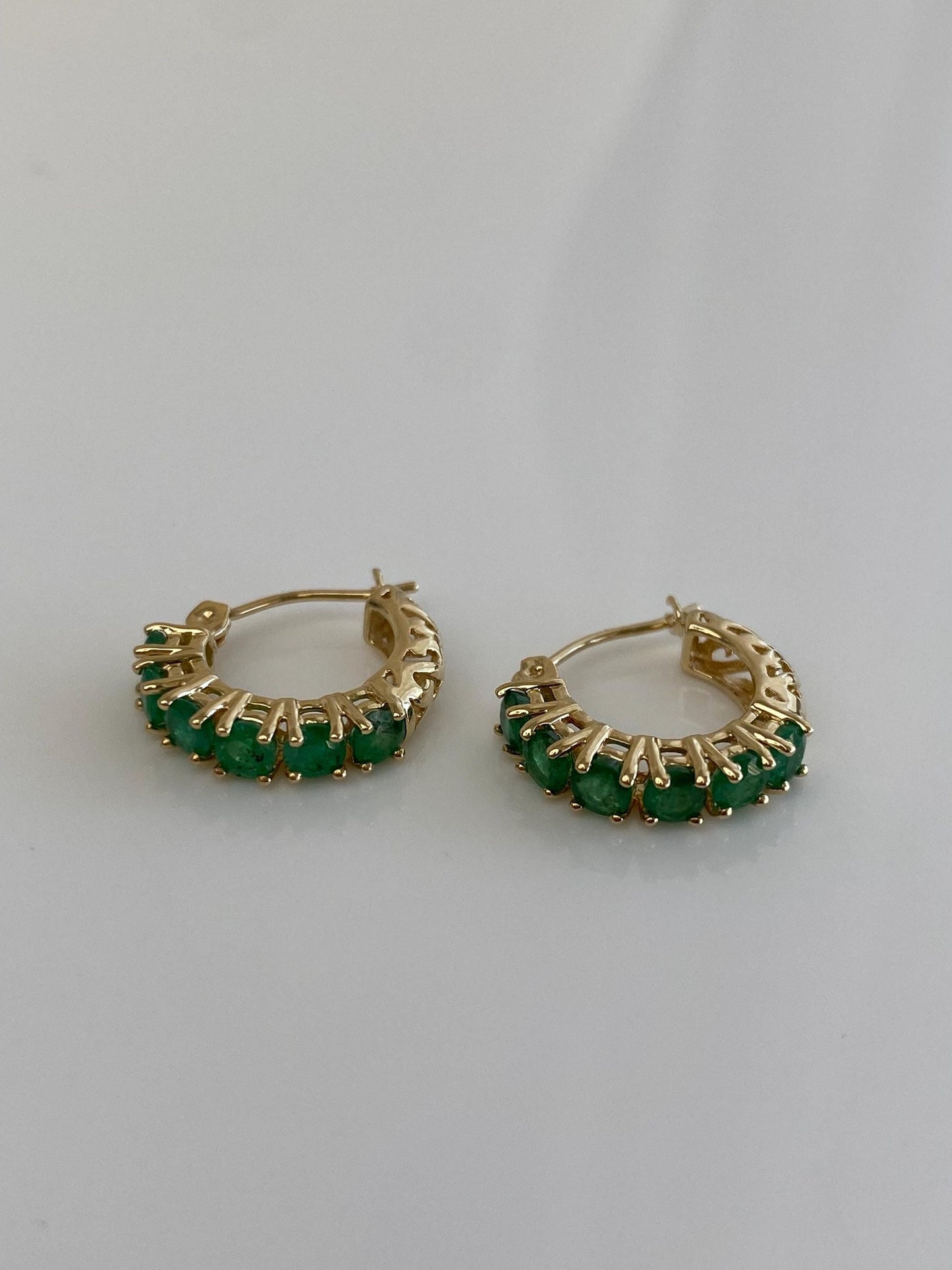 Vintage Solid 14k Yellow Gold Emerald Hoop Earrings