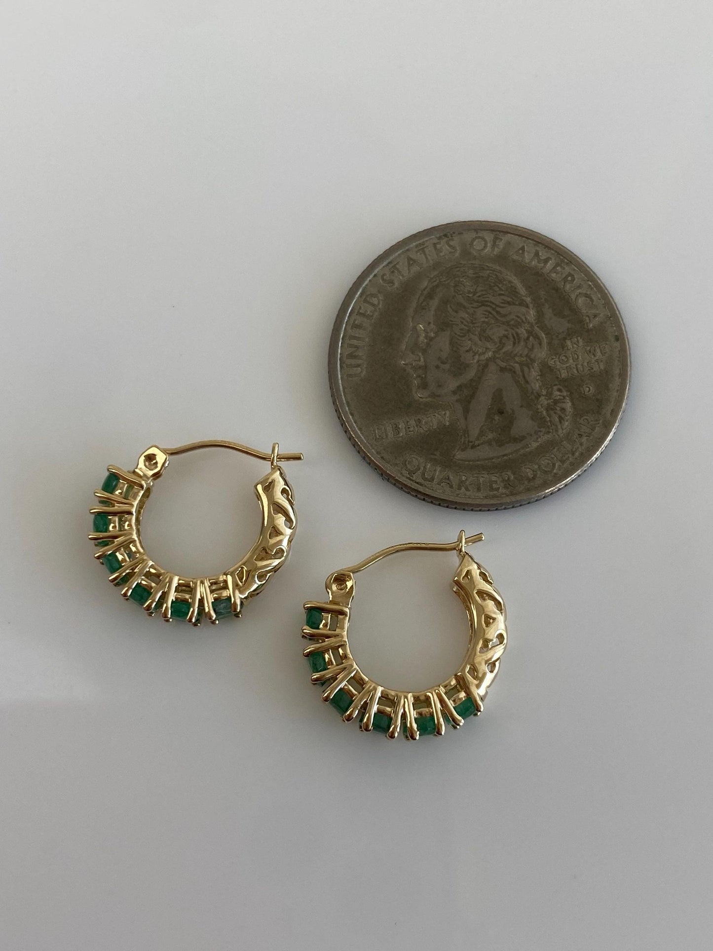 Vintage Solid 14k Yellow Gold Emerald Hoop Earrings