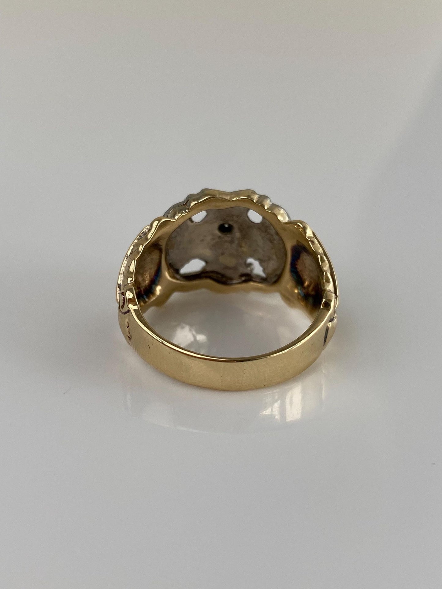 Vintage Solid 10k White & Yellow Gold Masion Diamond Enamel Double Eagle Ring Band - Size 9.25