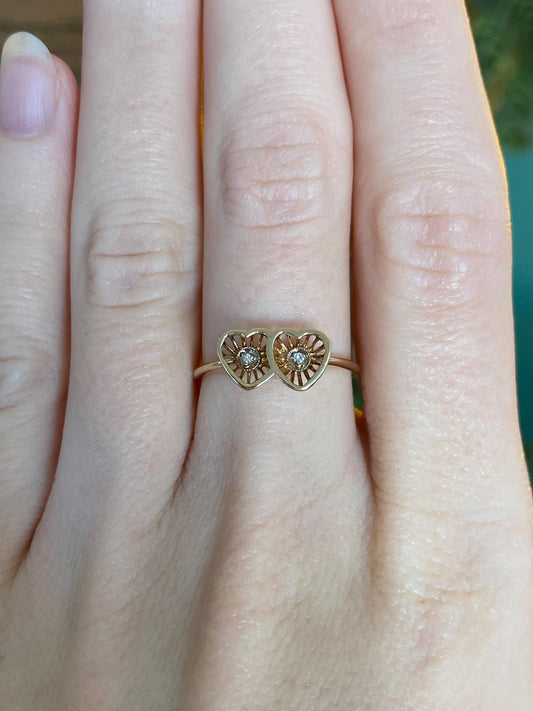 Vintage Solid 14k Yellow Gold Diamond Hearts Ring - Size 6.75