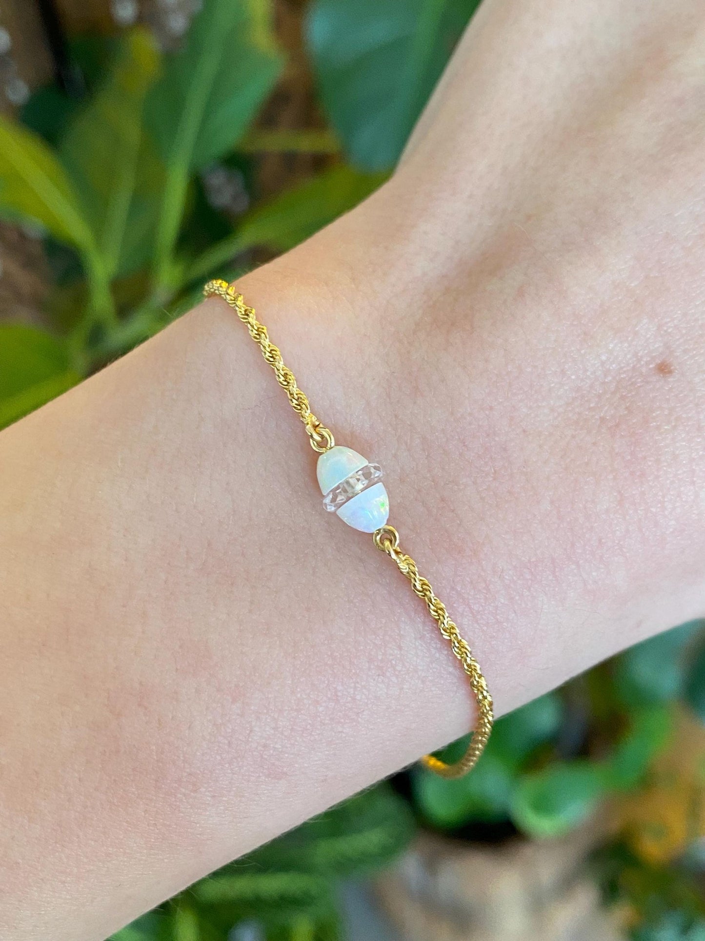 Vintage Solid 14k Yellow Gold Clear Quartz Opal Dainty Rope Chain Bracelet - 7 inches