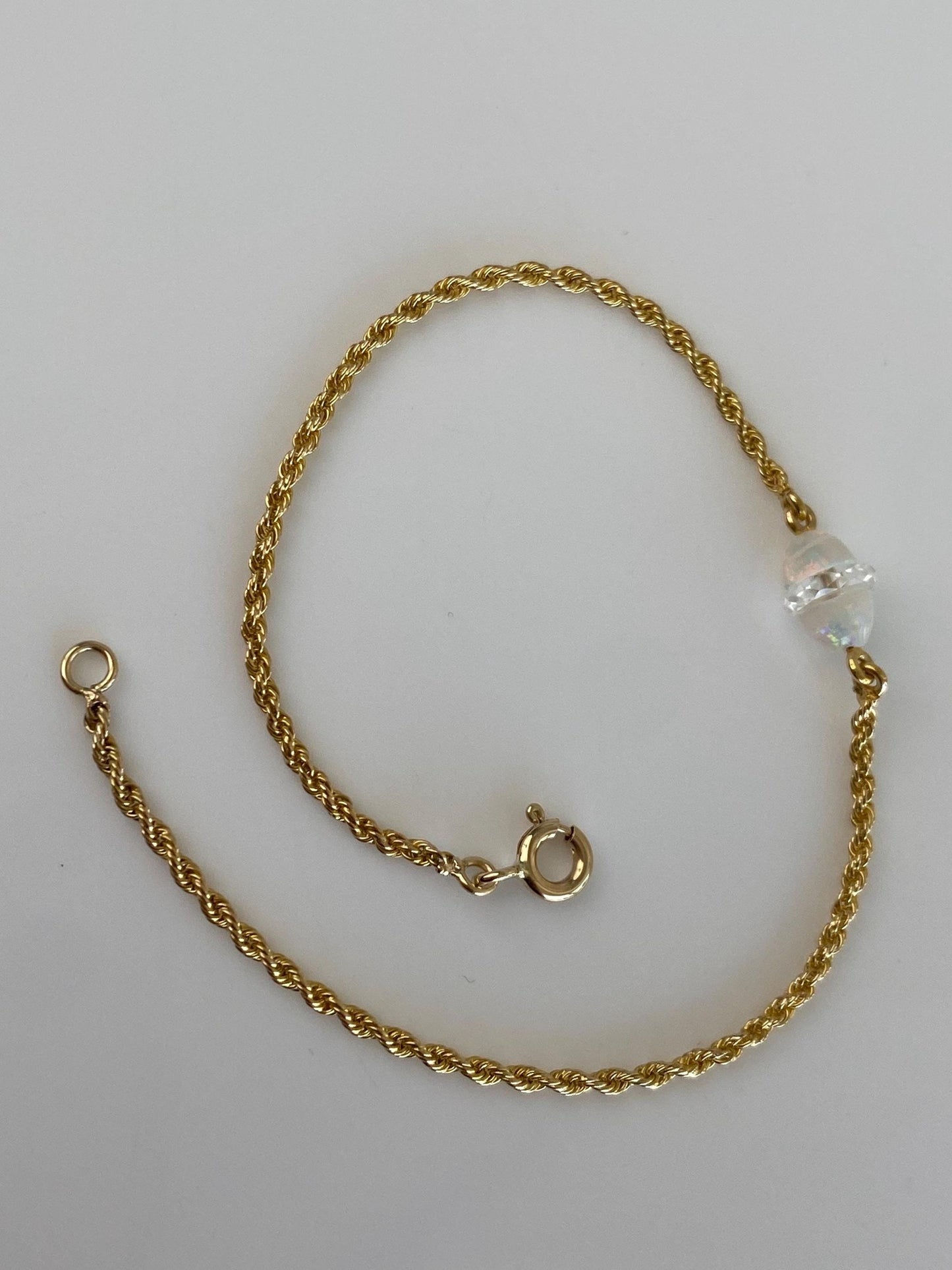 Vintage Solid 14k Yellow Gold Clear Quartz Opal Dainty Rope Chain Bracelet - 7 inches