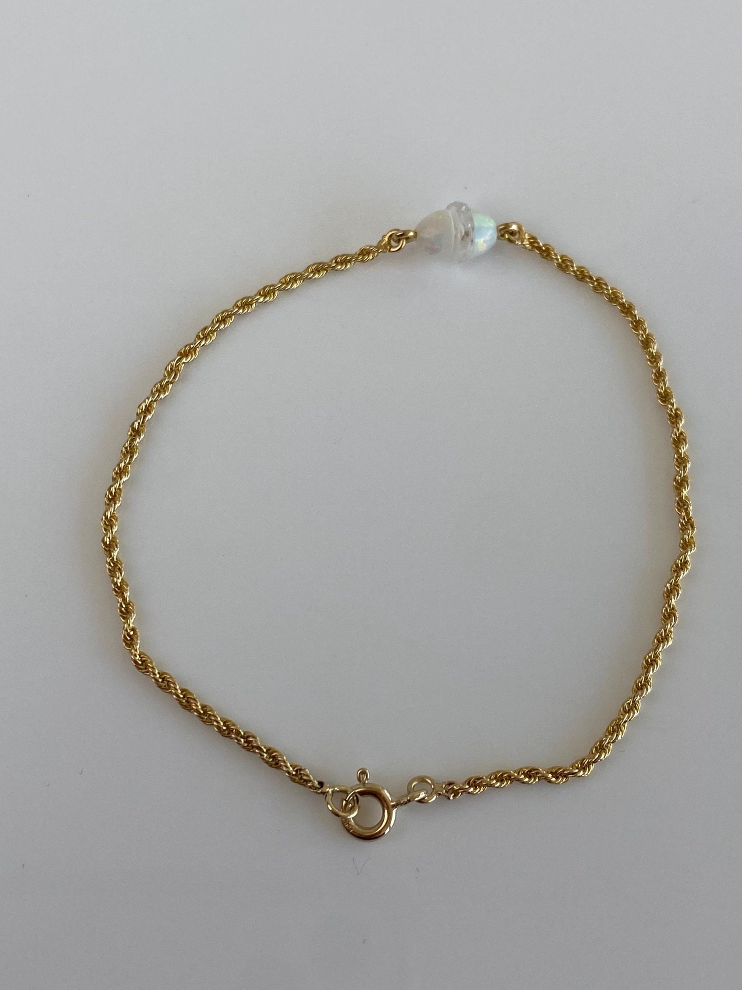 Vintage Solid 14k Yellow Gold Clear Quartz Opal Dainty Rope Chain Bracelet - 7 inches