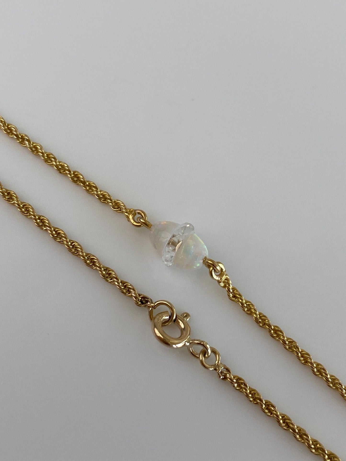 Vintage Solid 14k Yellow Gold Clear Quartz Opal Dainty Rope Chain Bracelet - 7 inches