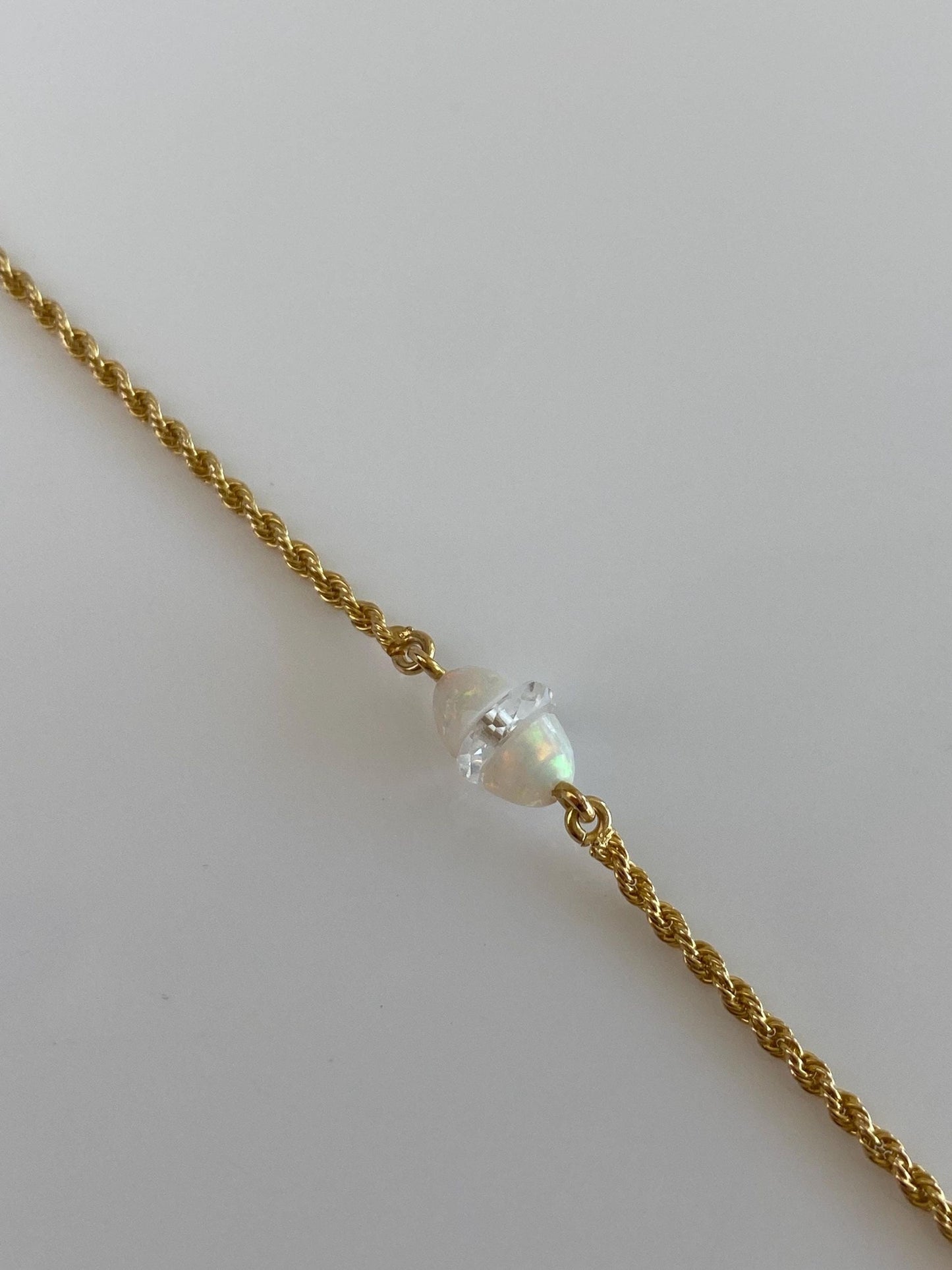 Vintage Solid 14k Yellow Gold Clear Quartz Opal Dainty Rope Chain Bracelet - 7 inches