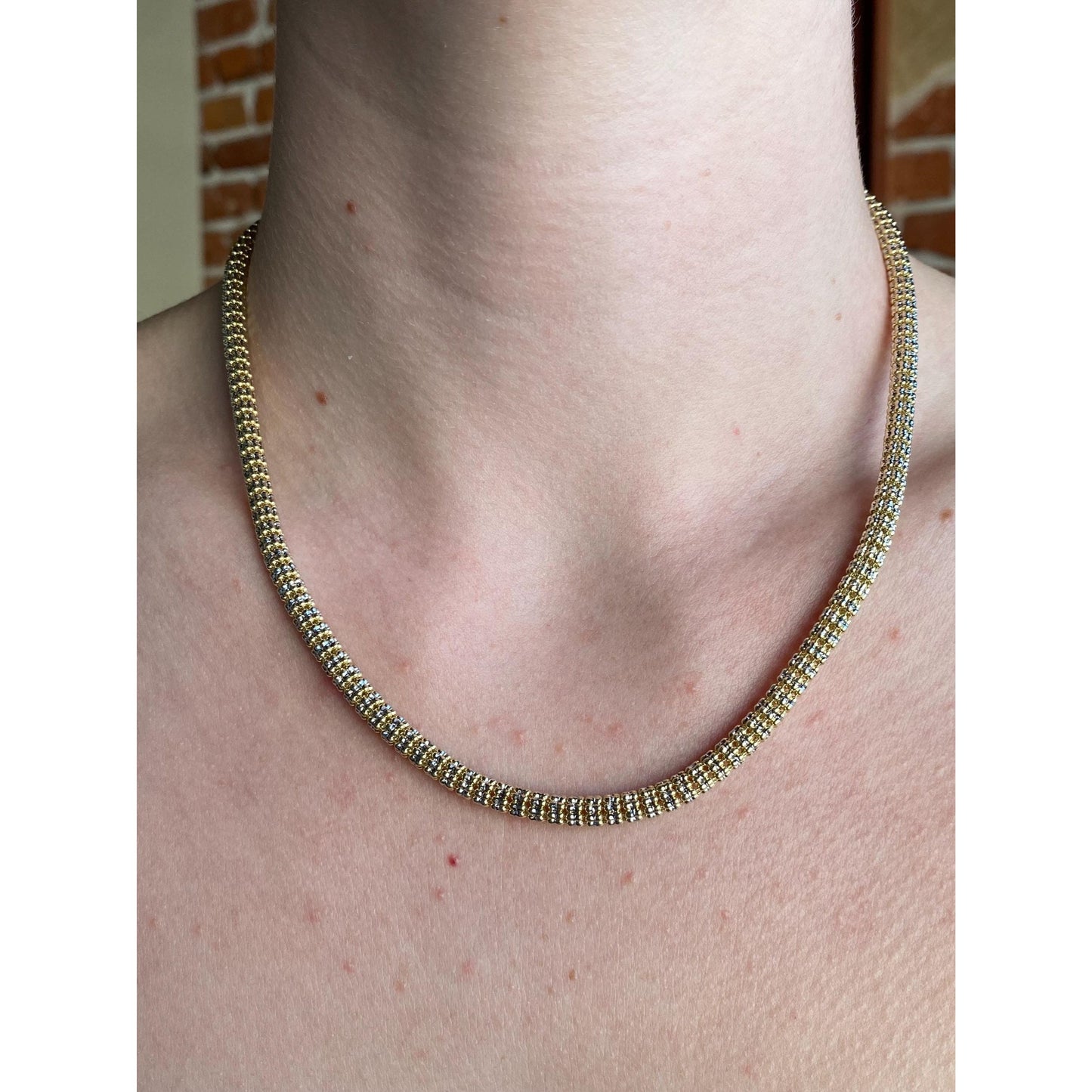 Vintage 14k White & Yellow Gold Diamond Cut Open Weave Snake Chain Necklace - 18 inches