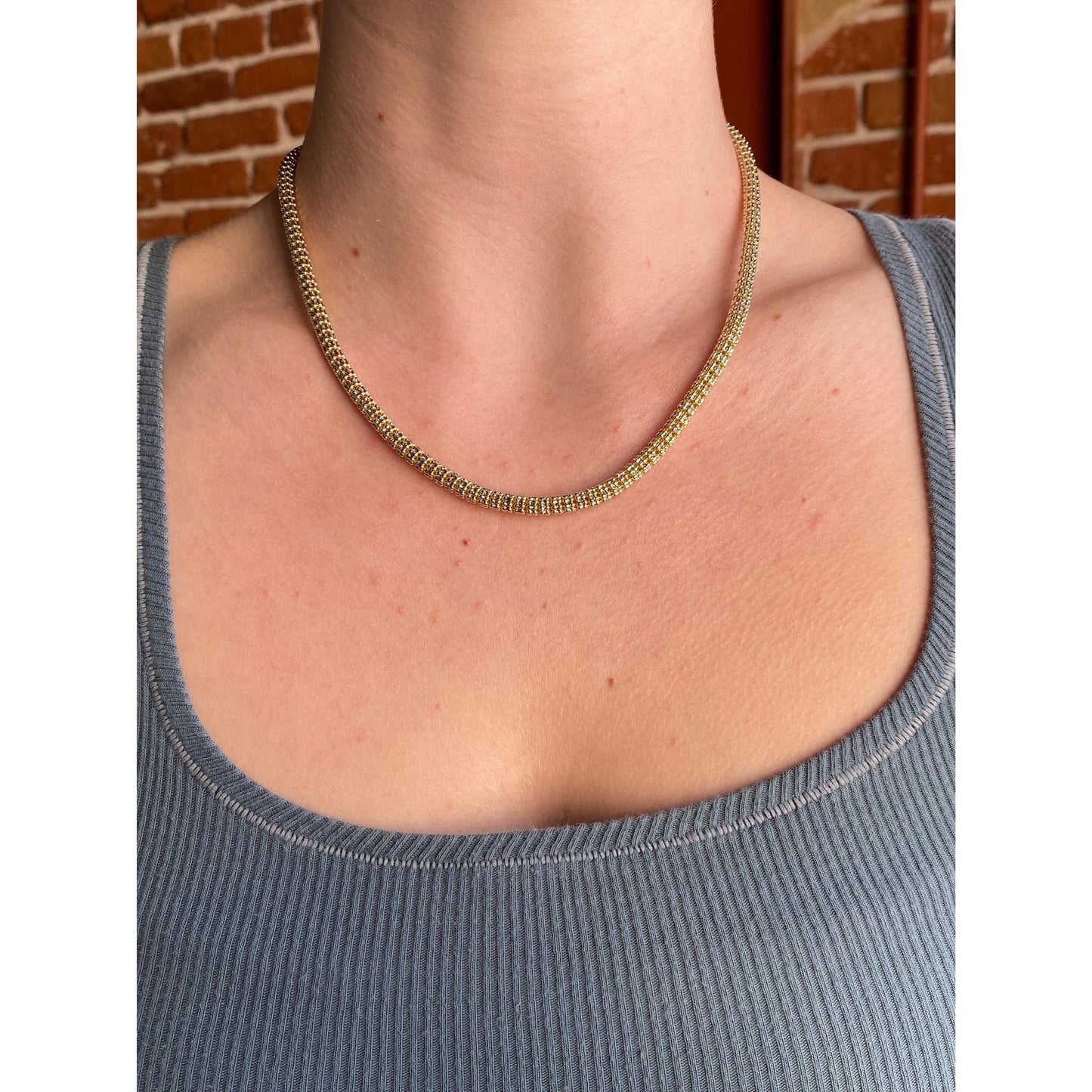 Vintage 14k White & Yellow Gold Diamond Cut Open Weave Snake Chain Necklace - 18 inches