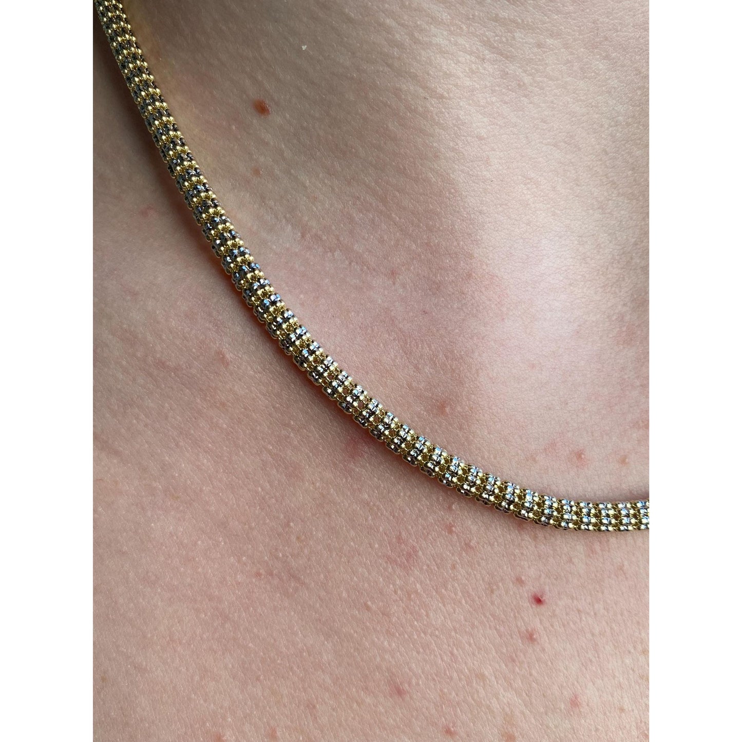 Vintage 14k White & Yellow Gold Diamond Cut Open Weave Snake Chain Necklace - 18 inches