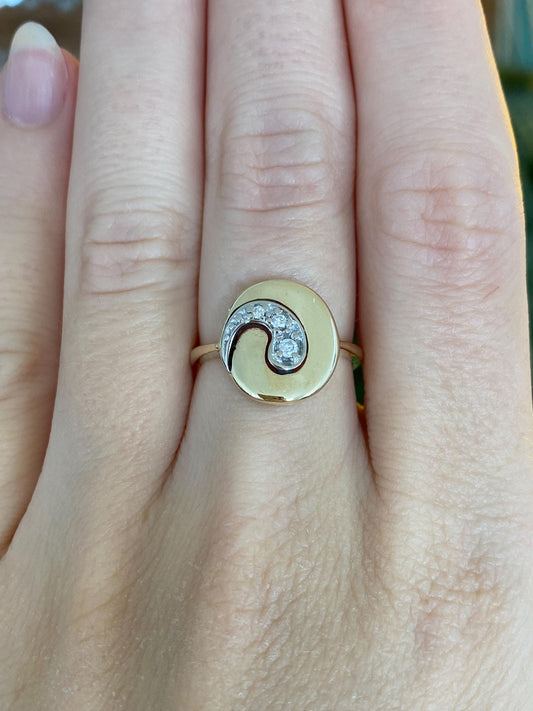 Vintage Solid 14k White & Yellow Gold Diamond Yin Yang Ring - Size 6.25