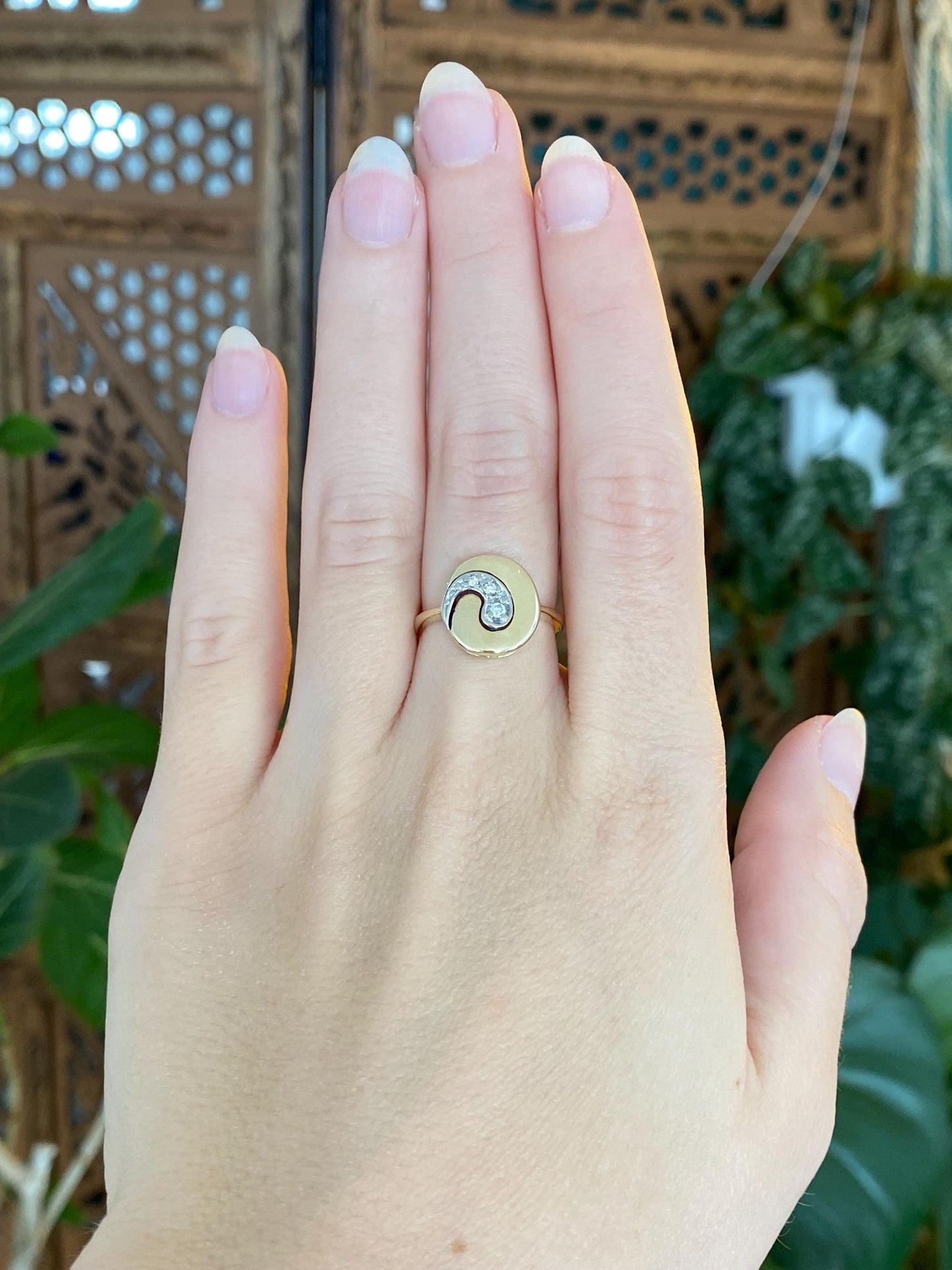 Vintage Solid 14k White & Yellow Gold Diamond Yin Yang Ring - Size 6.25