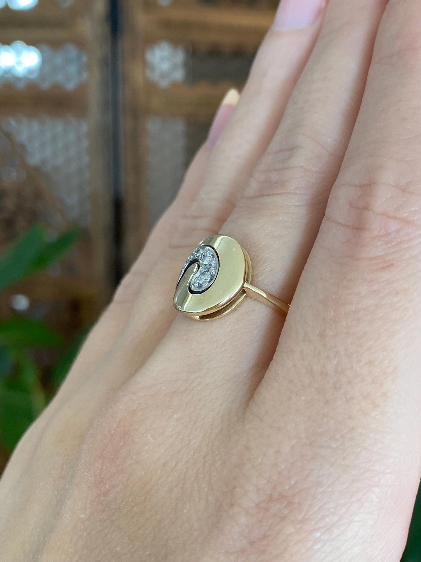 Vintage Solid 14k White & Yellow Gold Diamond Yin Yang Ring - Size 6.25