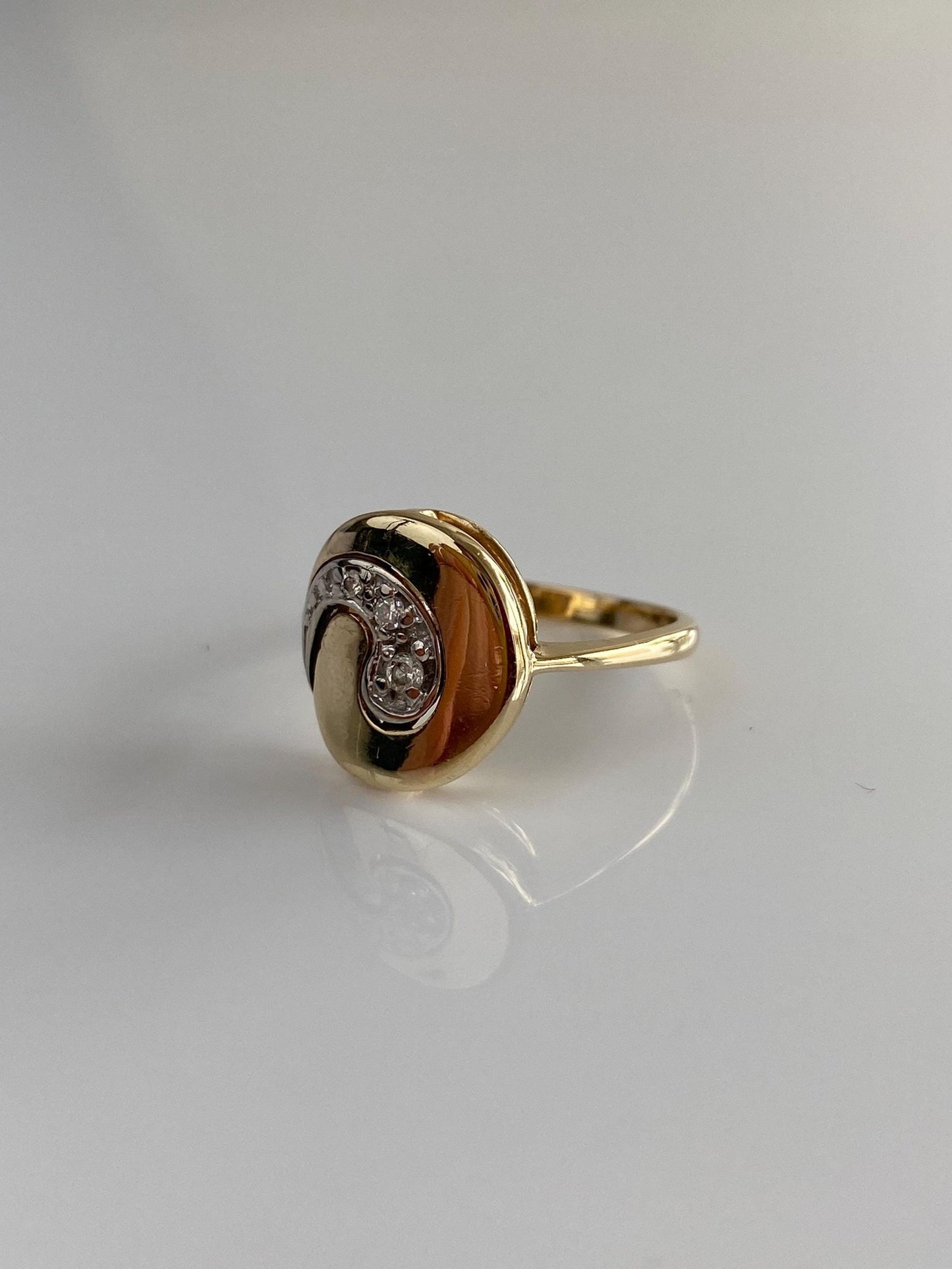 Vintage Solid 14k White & Yellow Gold Diamond Yin Yang Ring - Size 6.25