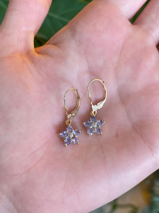 Vintage Solid 14k Yellow Gold Tanzanite Flower Dangle Earrings