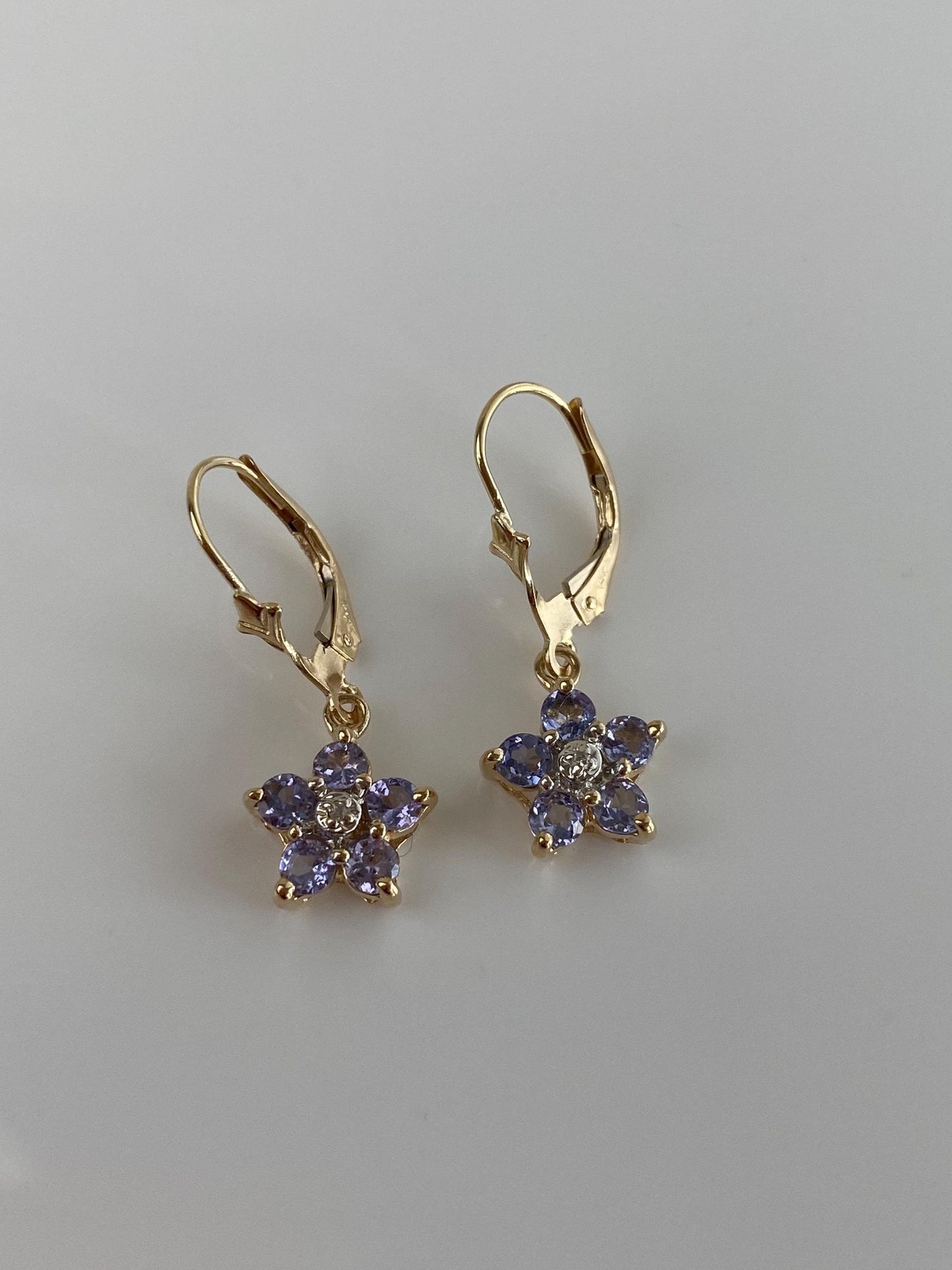 Vintage Solid 14k Yellow Gold Tanzanite Flower Dangle Earrings