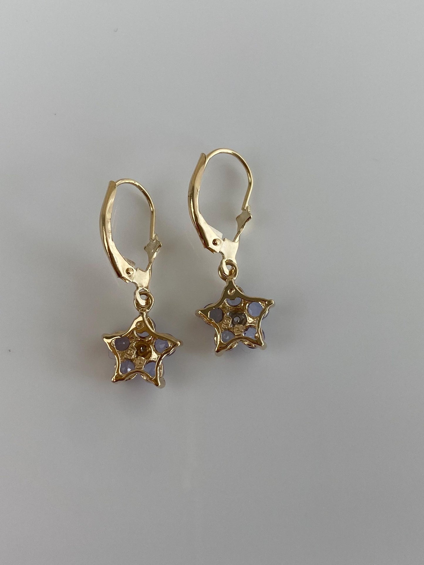 Vintage Solid 14k Yellow Gold Tanzanite Flower Dangle Earrings