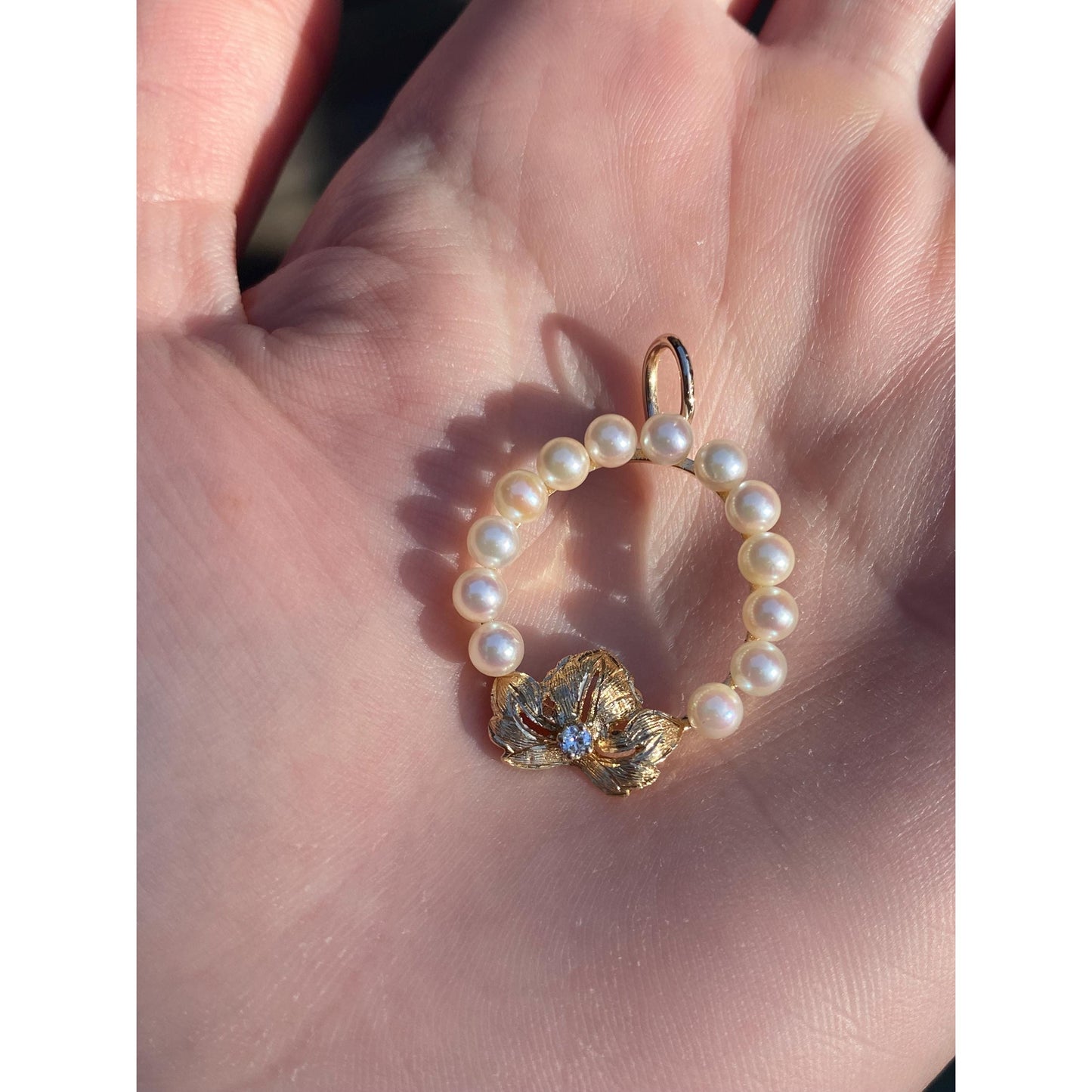 Vintage Solid 14k Yellow Gold Diamond Pearl Halo Flower Charm