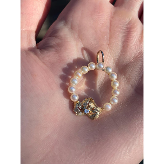 Vintage Solid 14k Yellow Gold Diamond Pearl Halo Flower Charm